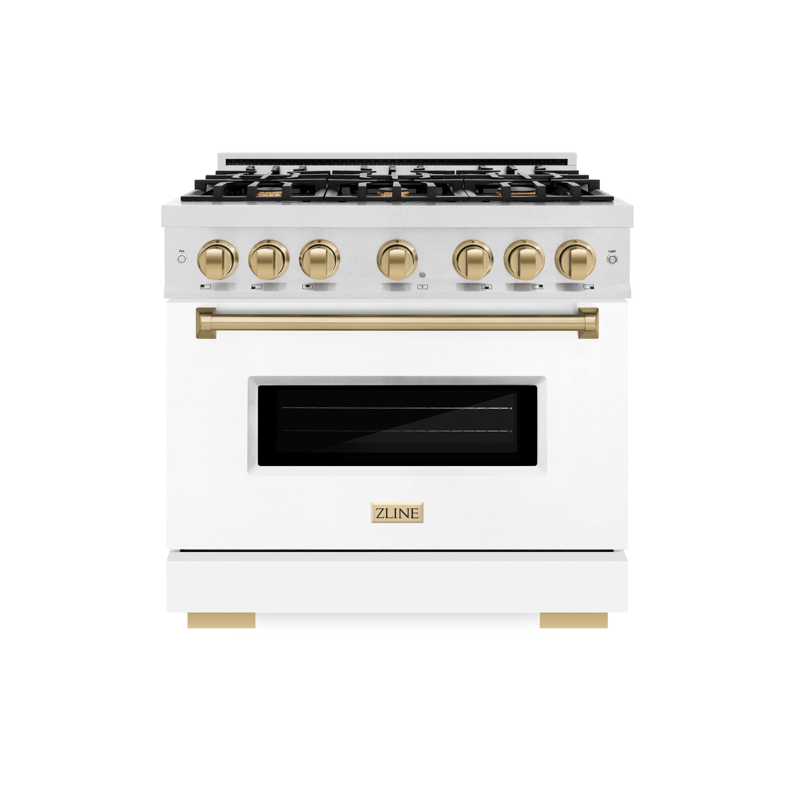 Front. ZLINE - ZLINE Autograph 36 in. Classic Satin Steel Gas Range with Bronze Accents (CGRSZ-WM-36-CB) - White.