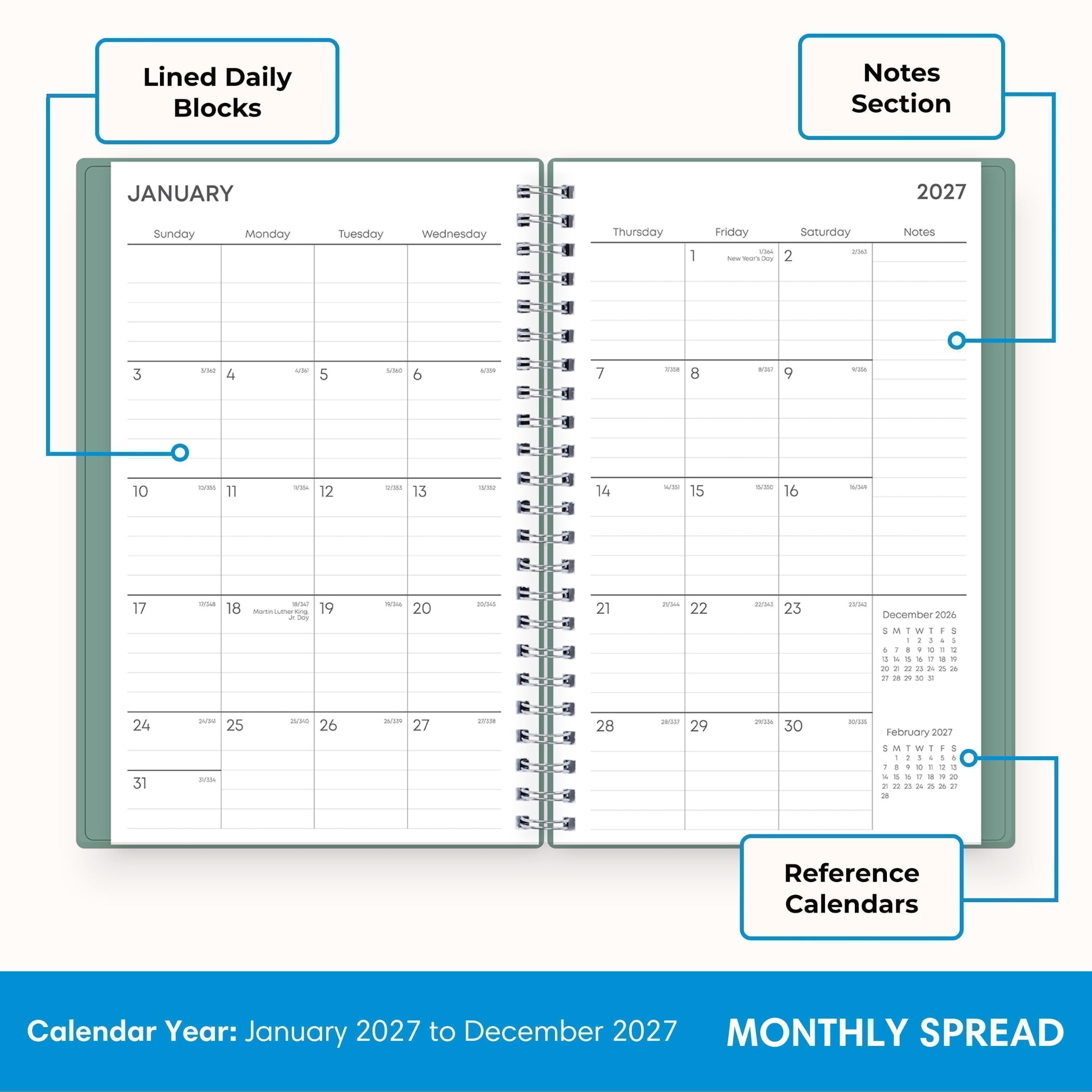 Lined Daily Blocks  
Notes Section  
JANUARY  
2027  
Sunday  
Monday  
Tuesday  
Wednesday  
Thursday  
Friday  
Saturday  
1  
2  
3  
4  
5  
6  
7  
8  
9  
10  
11  
12  
13  
14  
15  
16  
17  
18  
19  
20  
21  
22  
23  
24  
25  
26  
27  
28  
29  
30  
31  

Notes  
230  
4/36  
5/060  
6/324  
7  
ras  
8  
WITH  
9  
204  
O  
10  
D/M  
11  
KCA  
12  
sou  
13  
use  
14  
-  
15  
5/30  
16  
To  
17  
and  
18 Martin Luther King Jr. Day  
19  
SCR 20  
2034  
21  
20ml  
22  
=>  
23  
150 December 2026  
24  
24/24
