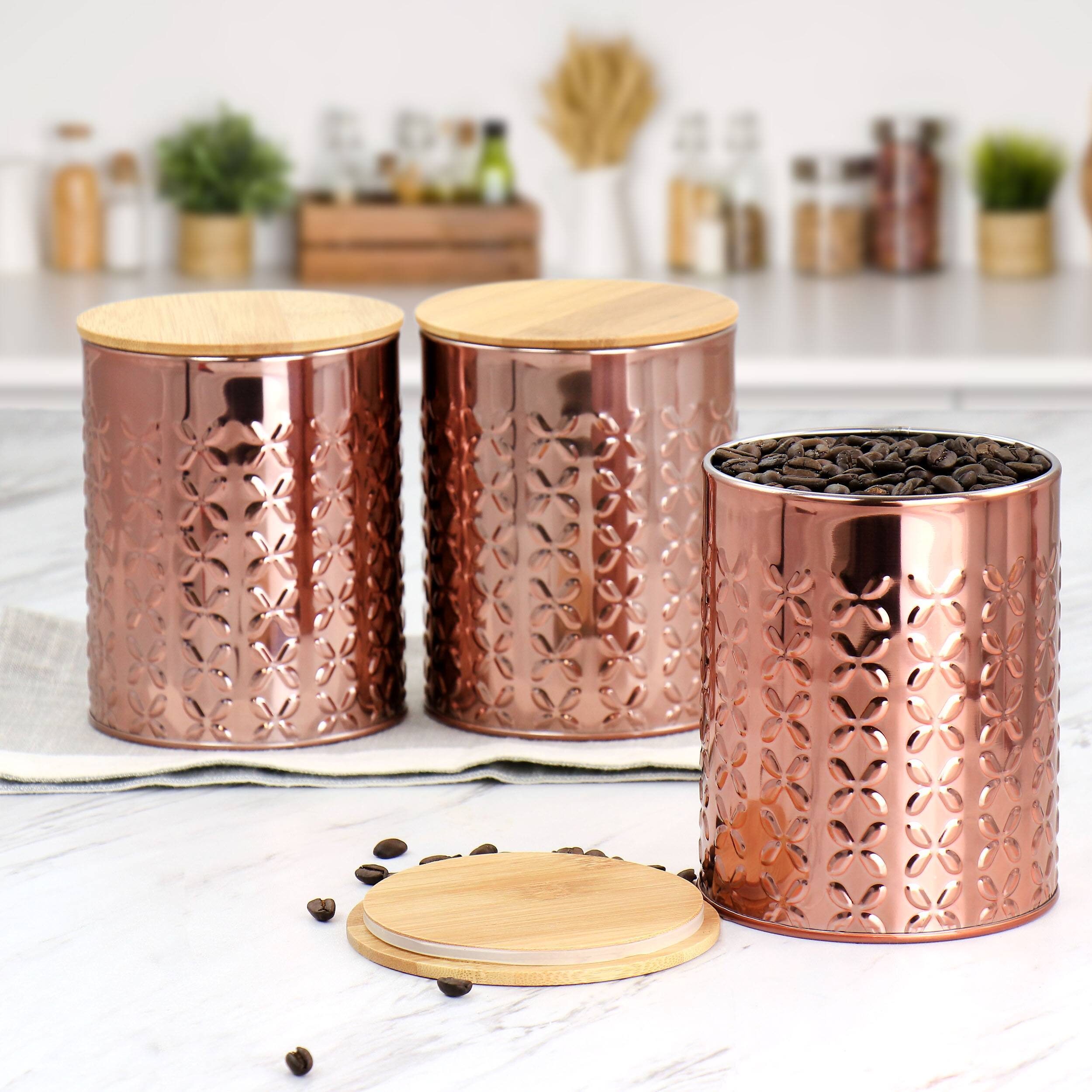 Alt View 2. MegaChef - MegaChef 3 Piece Golden Kitchen Canister Set with Bamboo Lids in Rose Gold - Rose Gold.