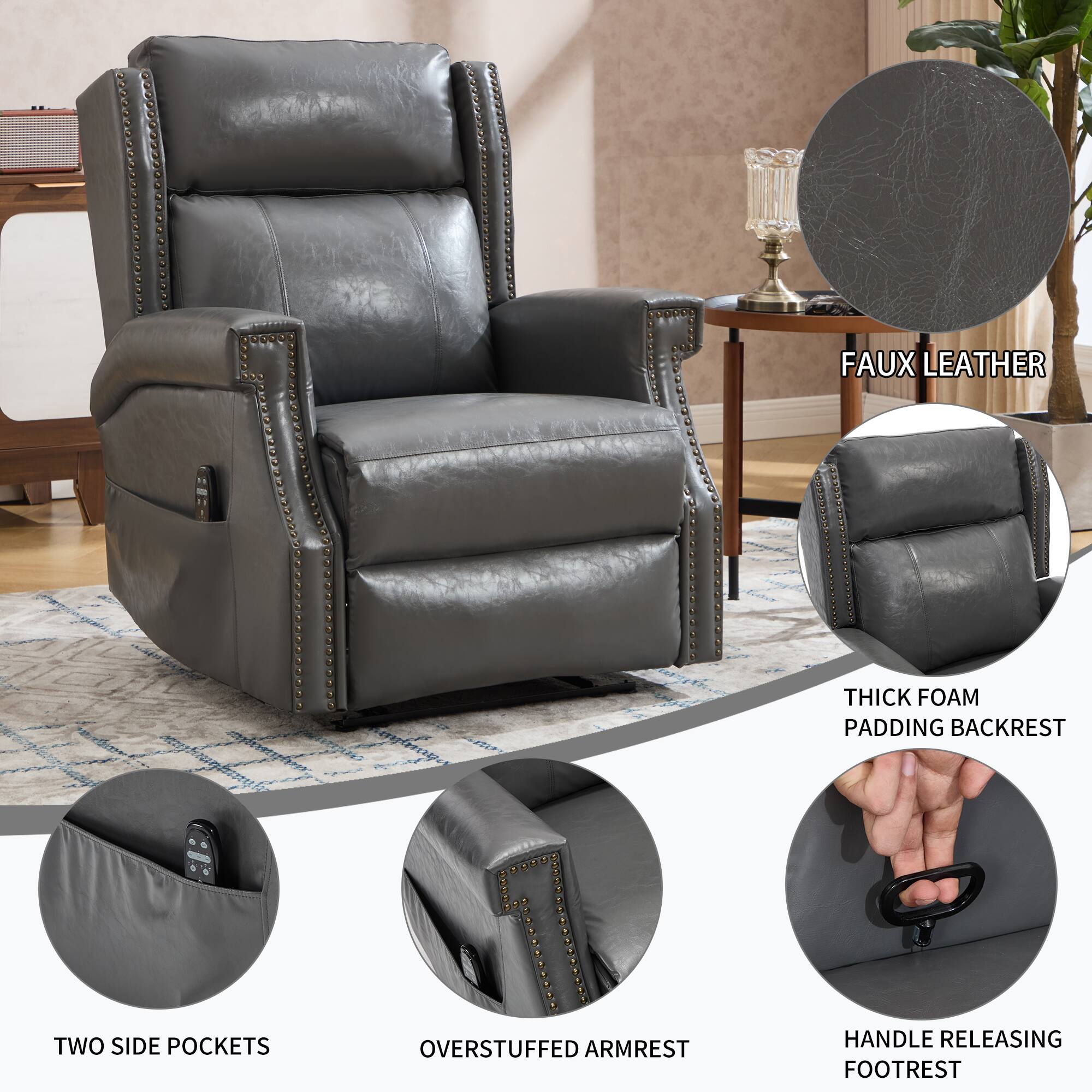 - FAUX LEATHER
- THICK FOAM PADDING BACKREST
- TWO SIDE POCKETS
- OVERSTUFFED ARMREST
- HANDLE RELEASING FOOTREST