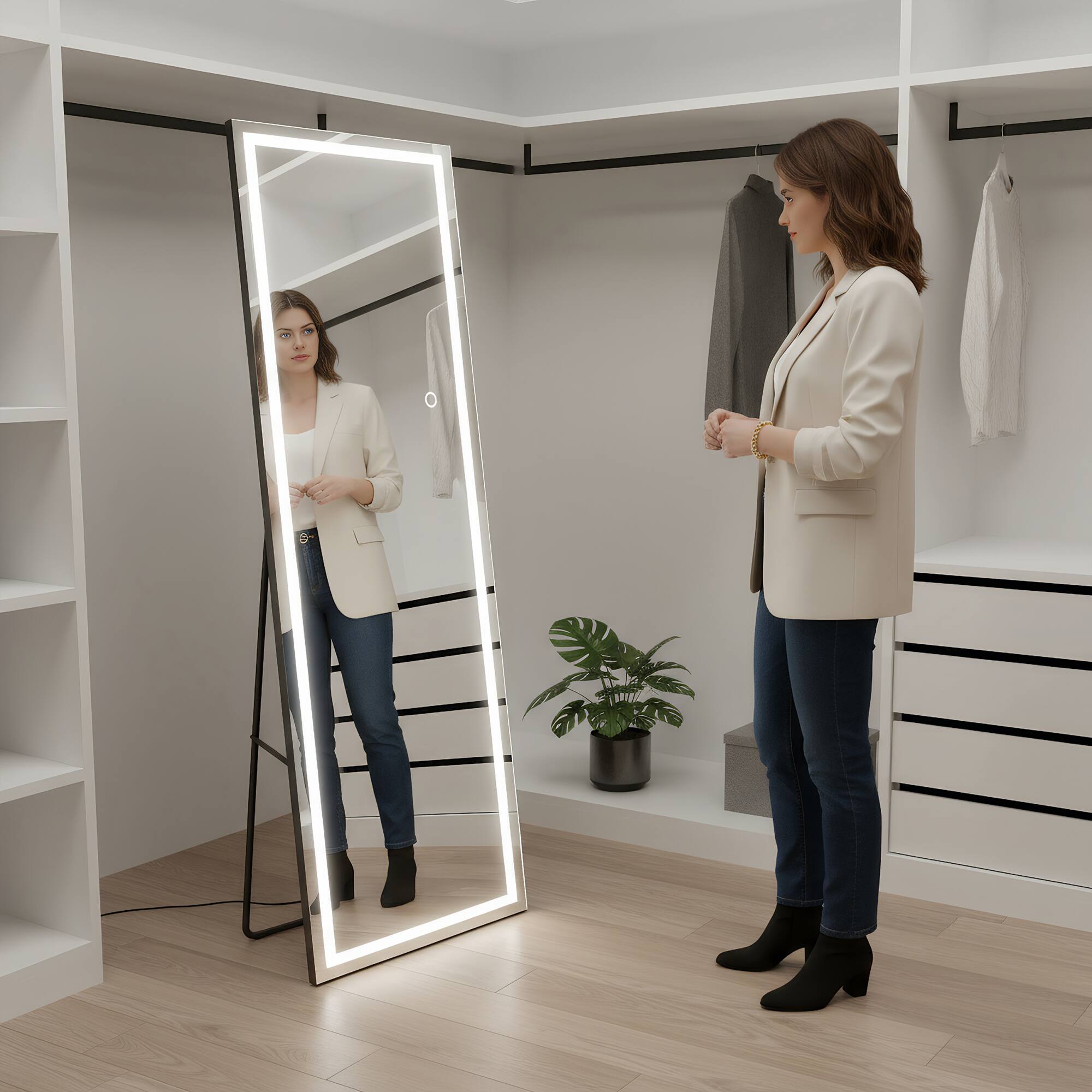 Left. Spaco - Spaco 64 x 21 Rectangle Frameless Full-Length Tempered Mirror with Adjustable 3-Color LED Light - Black.