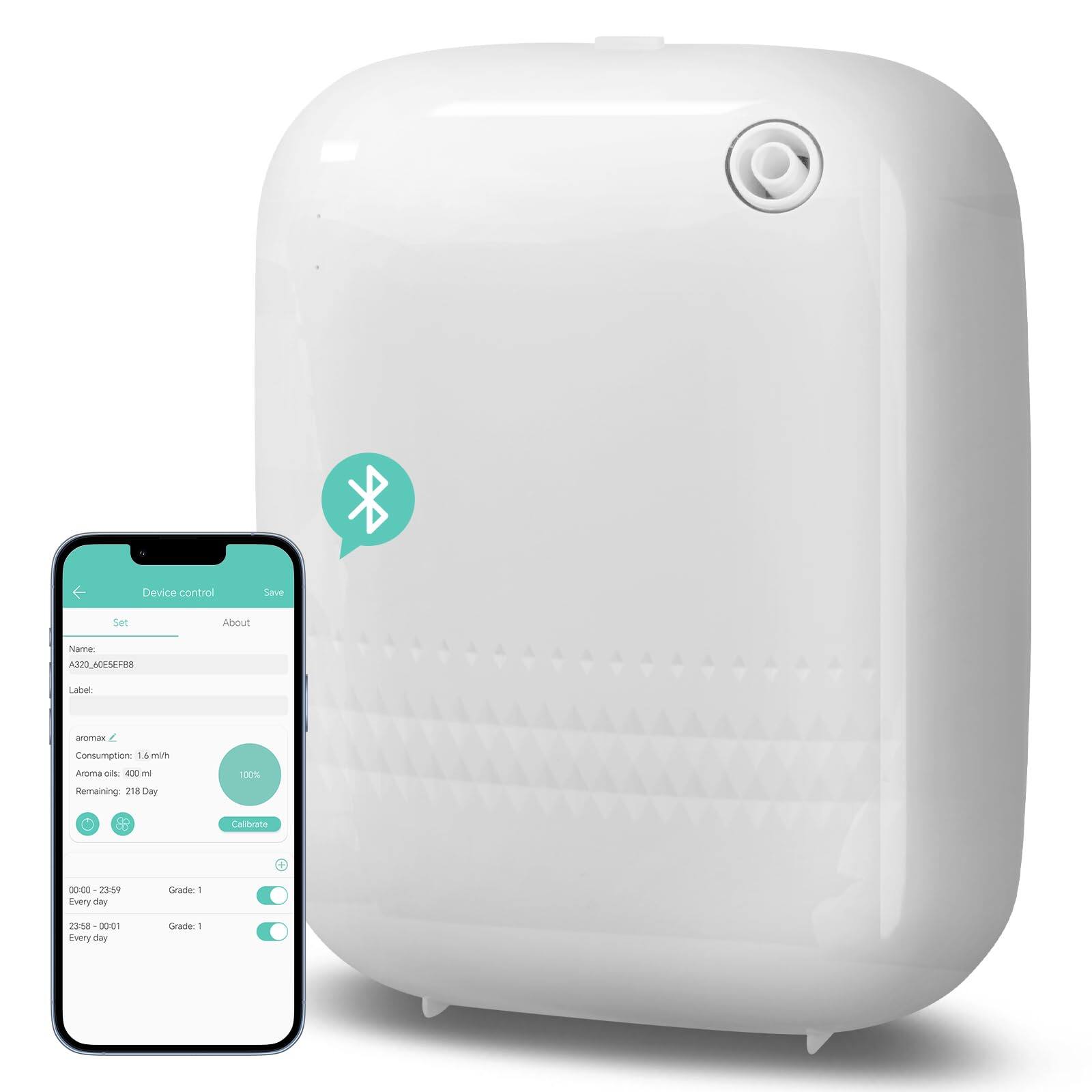 Device control
Save
Set
About
Name: A3Z00_605E5F8B
Label: aromax
Consumption: 1.6 ml/h
Aroma oils: 400 ml
Remaining: 218 Day
100%
Calibrate
00:00 - 23:59
Every day
Grade: 1
23:59 - 00:01
Every day
Grade: 1