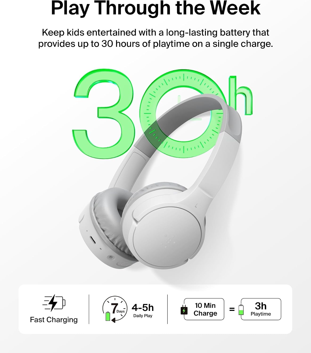 Play Through the Week  
Keep kids entertained with a long-lasting battery that provides up to 30 hours of playtime on a single charge.  

30th  
Fast Charging  
7 Days  
4-5h Daily Play  
10 Min Charge  
=  
3h Playtime