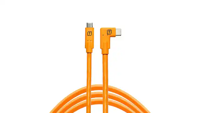 Front. Tether - Tether Tools TetherPro USB-C to USB-C Right Angle, 15' (4.6m), High-Visibility, Orange.