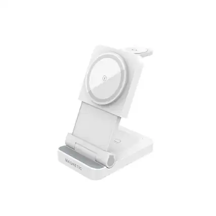 Front. SKRAN - 3-in-1 Folding Desktop Wireless Charger - Magnetic Wireless Charger for Apple, MagSafe Wireless Charging - White.