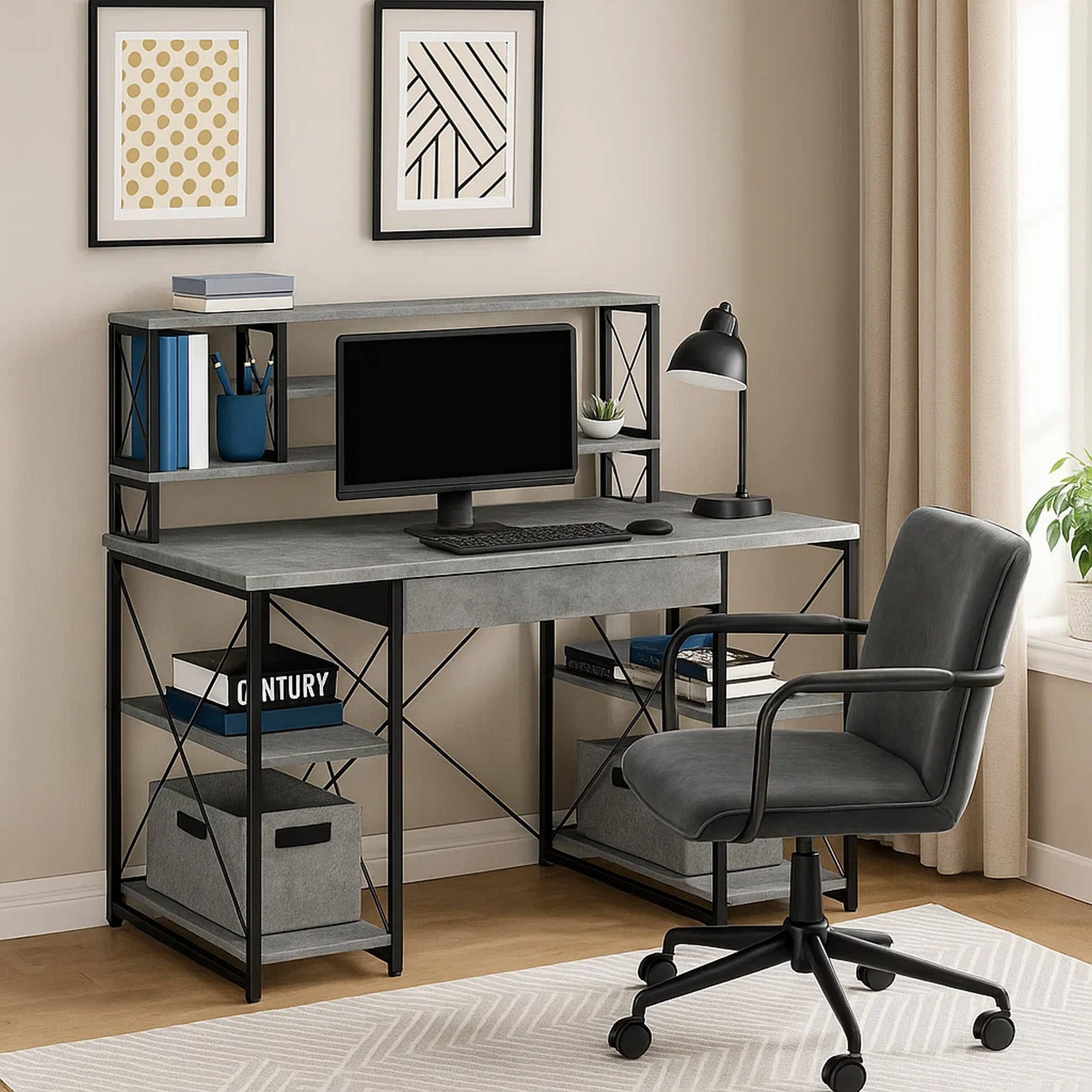 Alt View 3. Manhattan Lane - Metal Desk with 4 Open Bottom Shelves and Bookcase Hutch, Gray and Black - Gray and Black.