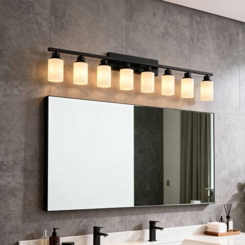 Alt View 1. LUCKY ONE - 8-Light Matte Black Wood Wall Lamp, Glass Shade Sconce for Bathroom or Bedroom Wall Mount - Matte Black,Wood.
