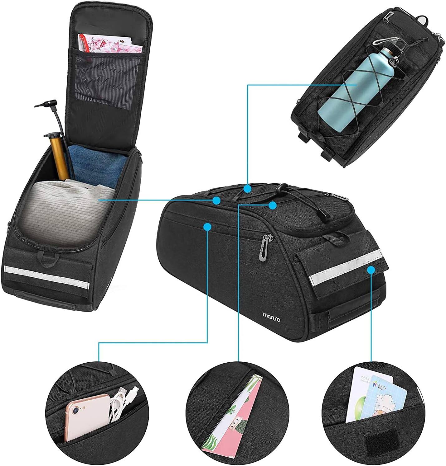 Left. mosiso - Bike Rack Bag Waterproof Bicycle Trunk Pannier  Cycling Bike Carrier Backseat Storage Luggage Saddle Shoulder Bag - Black.