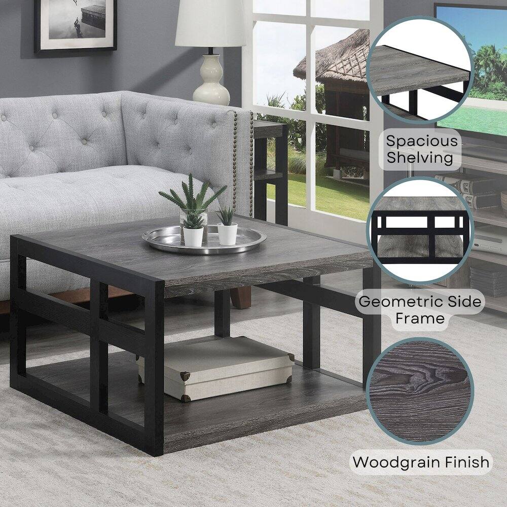 Spacious Shelving  
Geometric Side Frame  
Woodgrain Finish