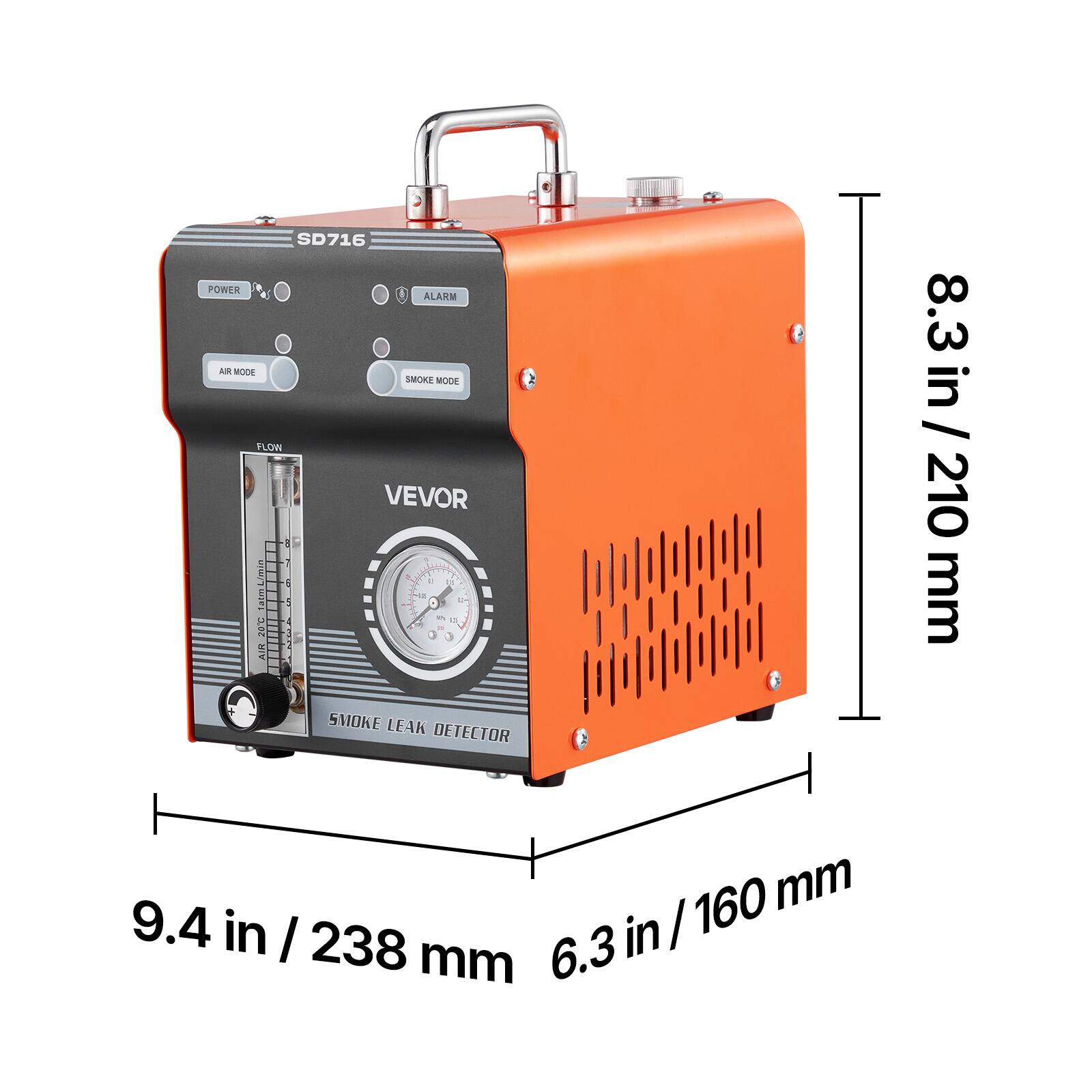 SD716 PONER ALARM At MODE SMOKE MODE FLOW VEVOR  
1 I . 1atm Limin  
- 1 O 0 m  
- AIR A02 8.3 in 8.3 in/ 210 / 210 mm  
5MOKE LEAK DETECTOR 160 mm  
9.4 in I 238 in / mm  
6.3