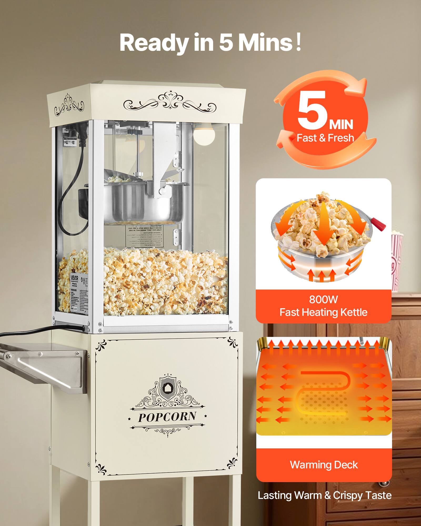 Ready in 5 Mins!  
5 MIN Fast & Fresh  
COMICS - FEVOR  
800W Fast Heating Kettle  
POPCORN  
Warming Deck  
Lasting Warm & Crispy Taste
