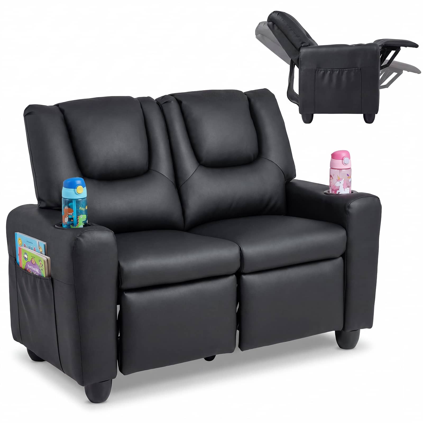Costway - 2-Seater Kids Recliner with Cup Holders Side Storage Pockets Adjustable Backrest - Black