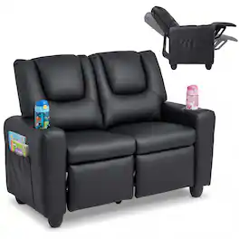 Costway - 2-Seater Kids Recliner with Cup Holders Side Storage Pockets Adjustable Backrest - Black