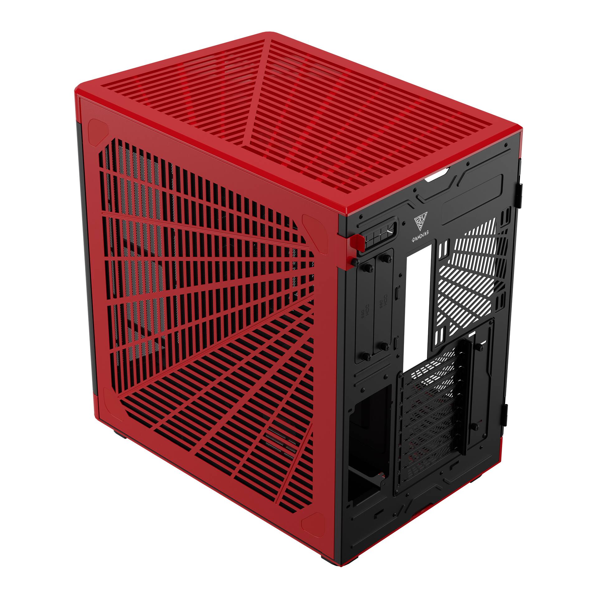 Alt View 2. GAMDIAS - NESO P1 BR Dual Chamber trapezoidal form factor, horizontal or vertical orientation, Fits GPU 426mm. - Red, black interior.