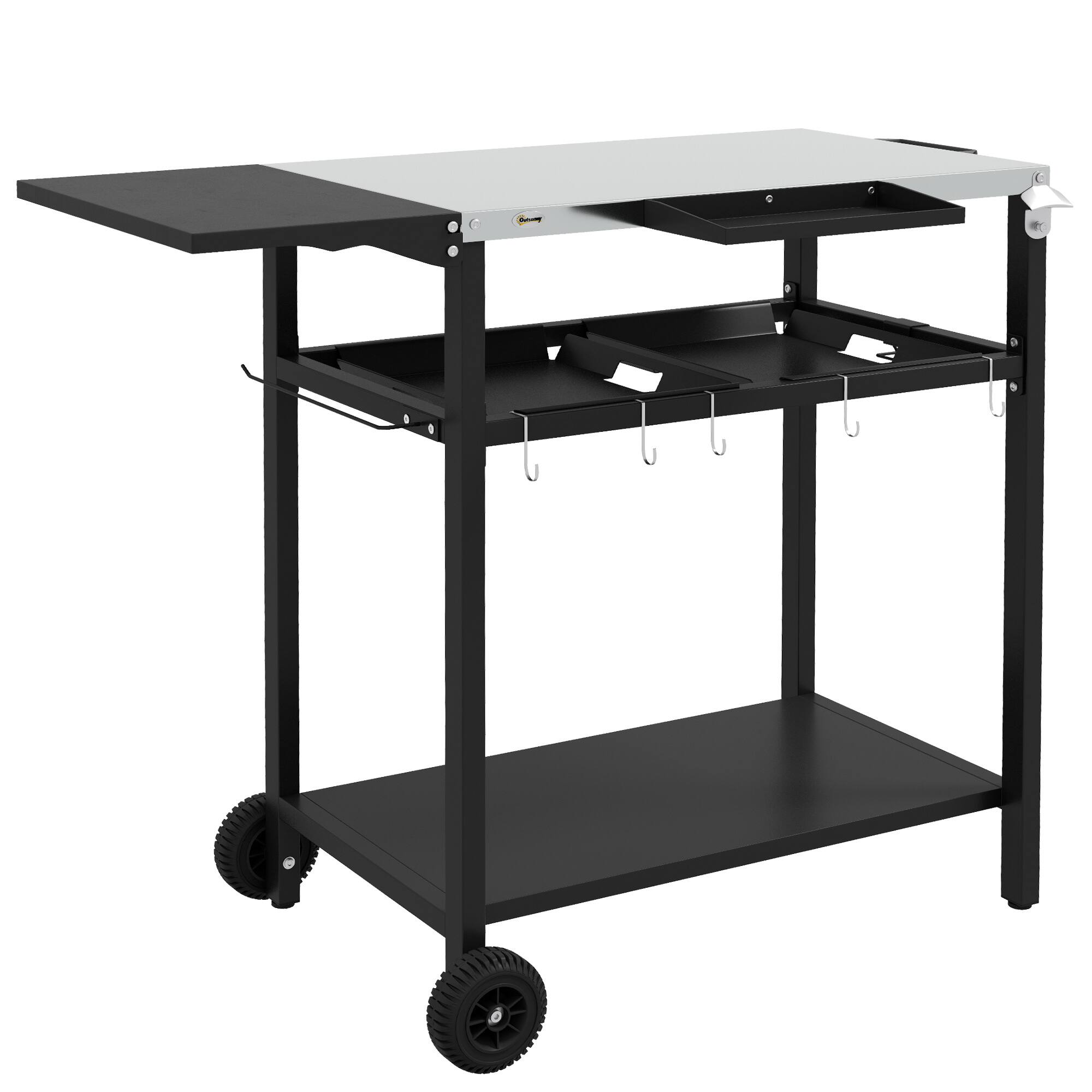 Outsunny - Outdoor Bar Cart with Stainless Steel Tabletop, Kitchen Island with Wheels, 2 Tiers & Seasoning Shelf - Black