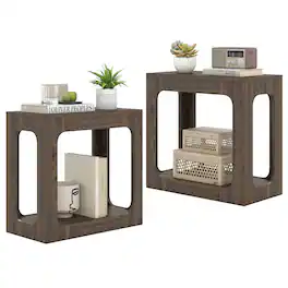 Costway - 2 PCS 2-Tier End Table with Storage Shelf Hollow-out Design for Living Room - Walnut