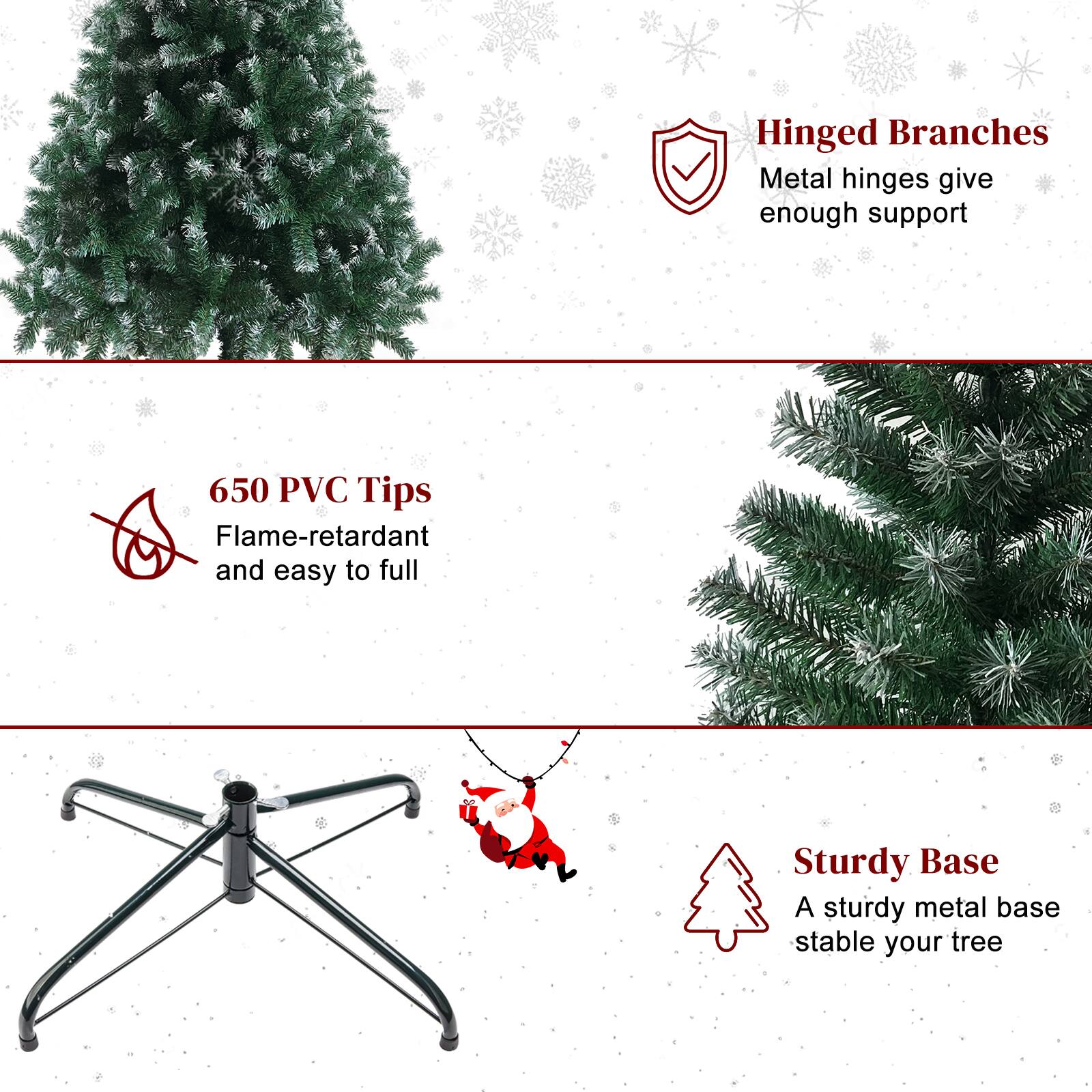 Hinged Branches  
Metal hinges give enough support

650 PVC Tips  
Flame-retardant and easy to full

Sturdy Base  
A sturdy metal base stable your tree