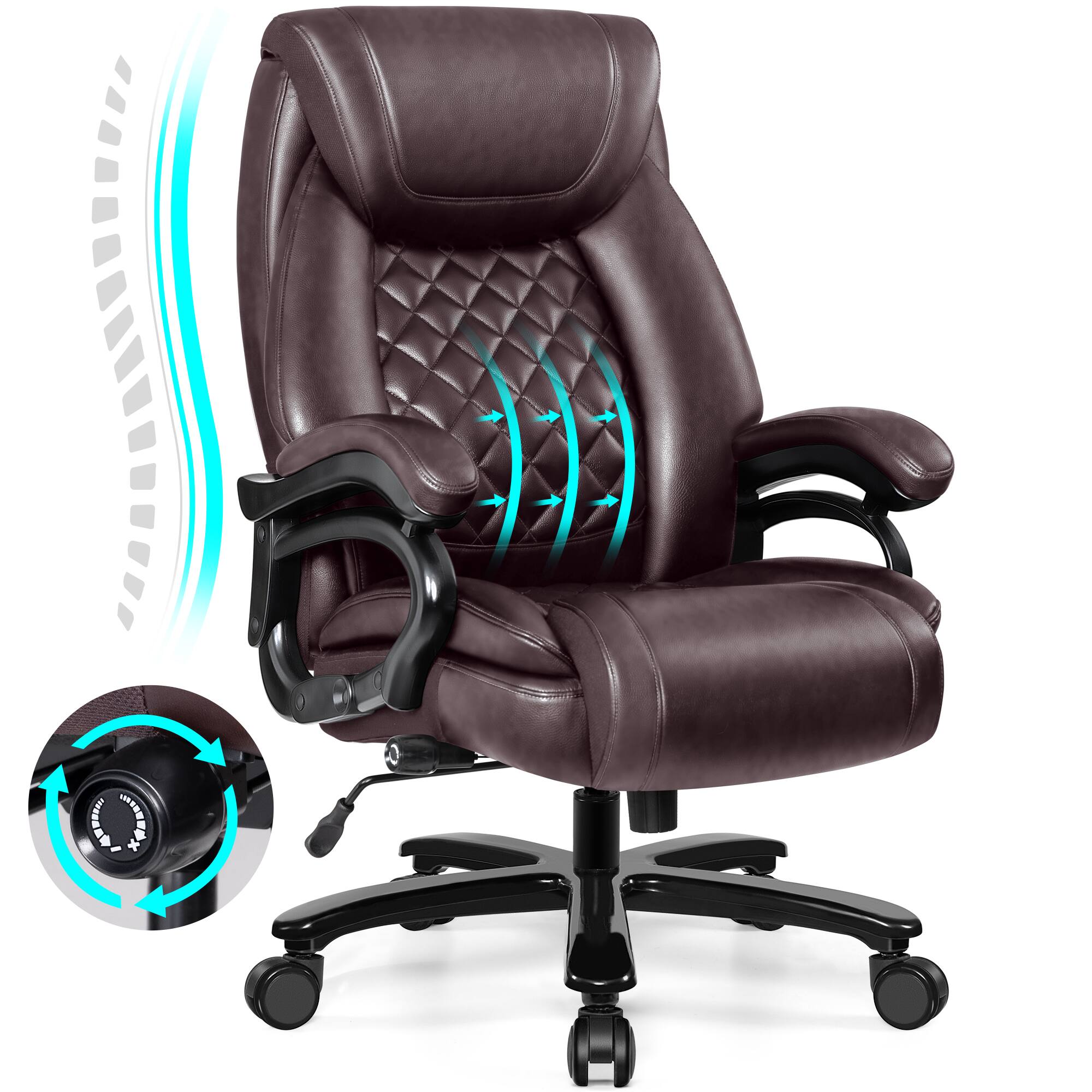 Alt View 4. KERDOM - 500lbs Ergonomic Durable Heavy Office Chair, Tall and Big Boss Chair, PU Leather Executive Manager Chair with Wide Seat - Brown.