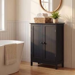 Costway - Bathroom Floor Storage Cabinet Double Door Kitchen Cupboard Shoe Cabinet - Black