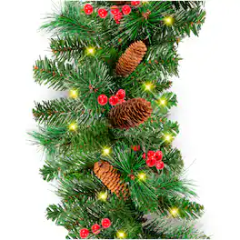 Best Choice Products - 9ft Pre-Lit Christmas Garland w/ 50 LED Lights, Silver Bristles, Pine Cones, Berries - Green/Berries - Battery