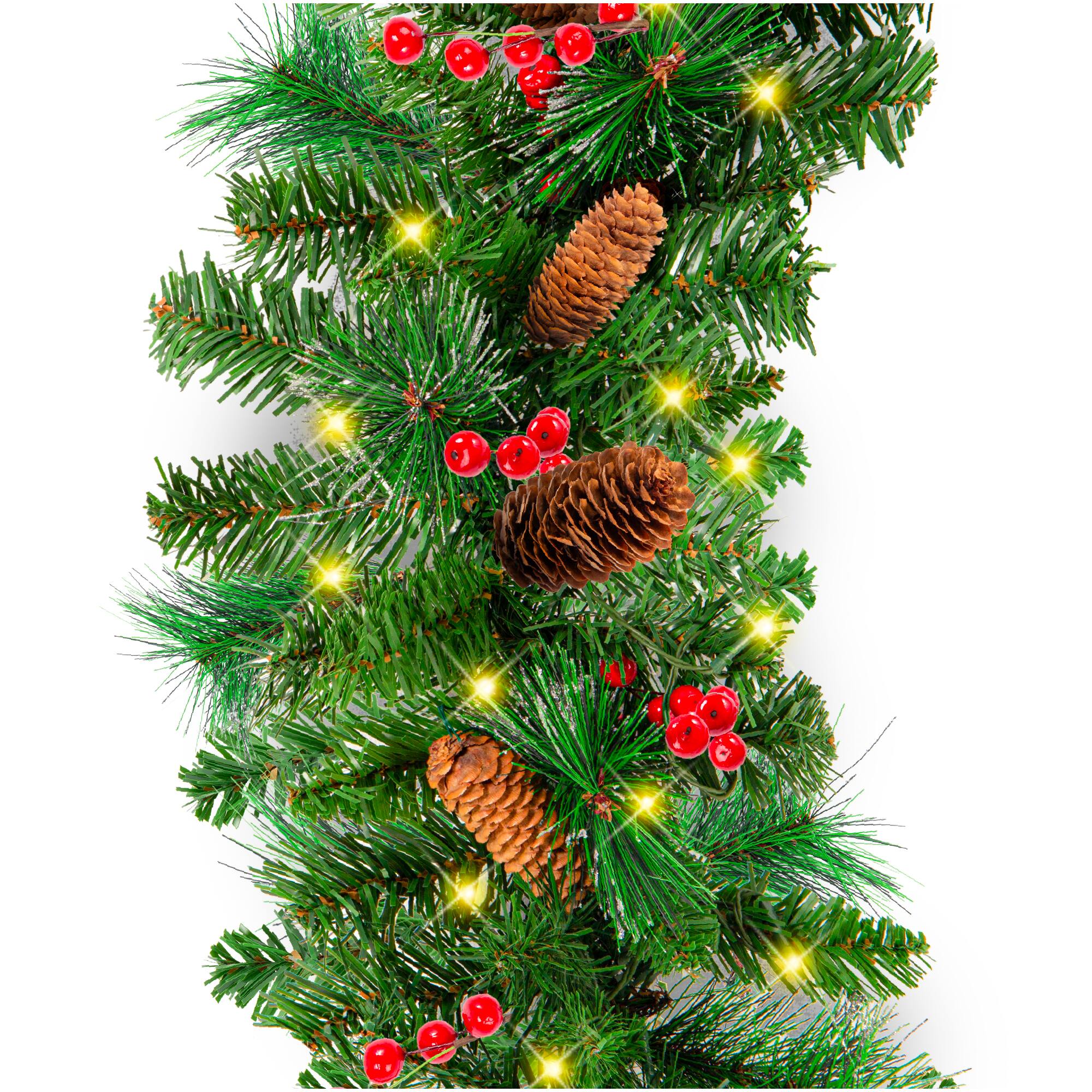 Best Choice Products - 9ft Pre-Lit Christmas Garland w/ 50 LED Lights, Silver Bristles, Pine Cones, Berries - Green/Berries - Battery