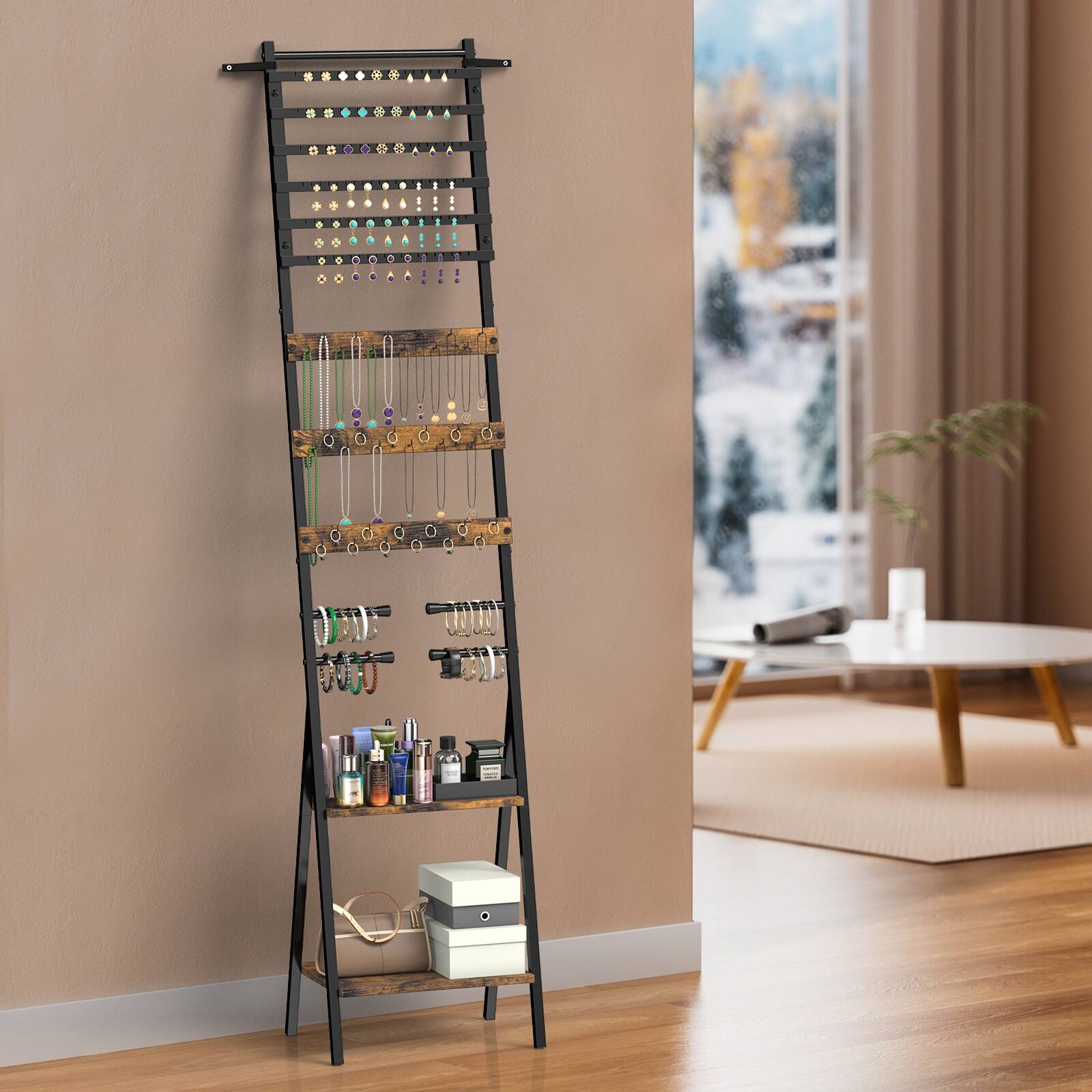 Front. Oumilen - Leaning Jewelry Storage Ladder Rack, Brown Wood Metal Freestanding Earring Necklace Bracelet Organizer - Brown.