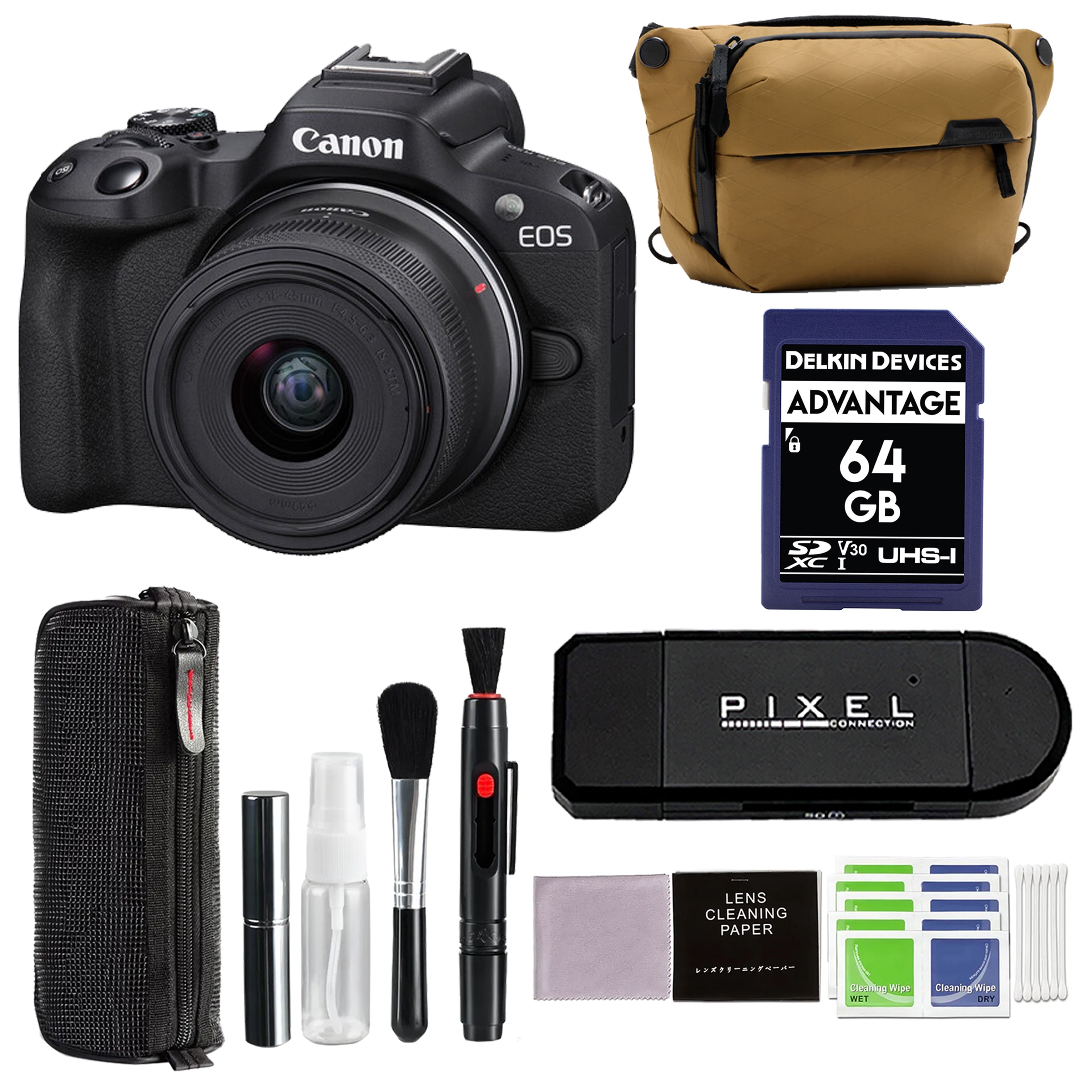 Bundle - Canon - EOS R50 Mirrorless Camera RF-S18-45mm F4.5-6.3 IS STM Lens Kit with 64GB SD Card + Peak Design Sling Bag + More - Black
