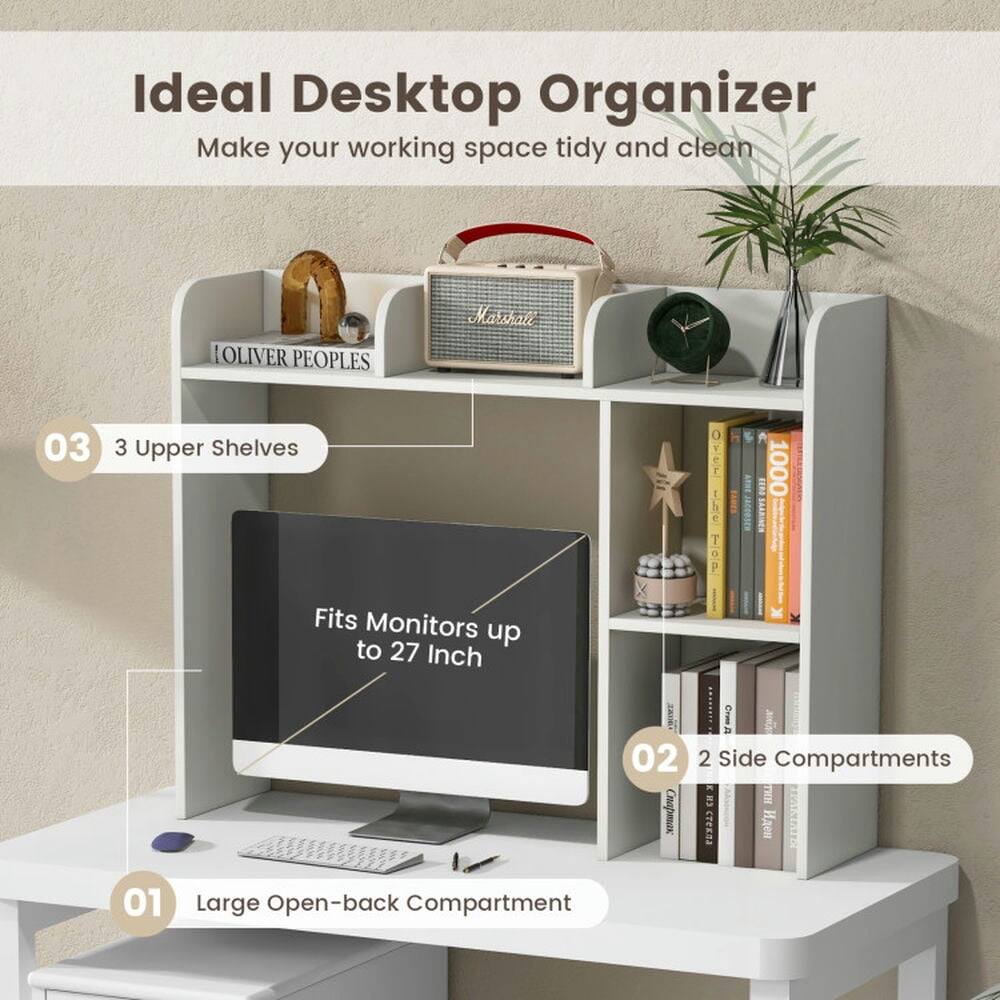 Ideal Desktop Organizer  
Make your working space tidy and clean  

03 3 Upper Shelves  
Fits Monitors up to 27 Inch  

02 2 Side Compartments  

01 Large Open-back Compartment