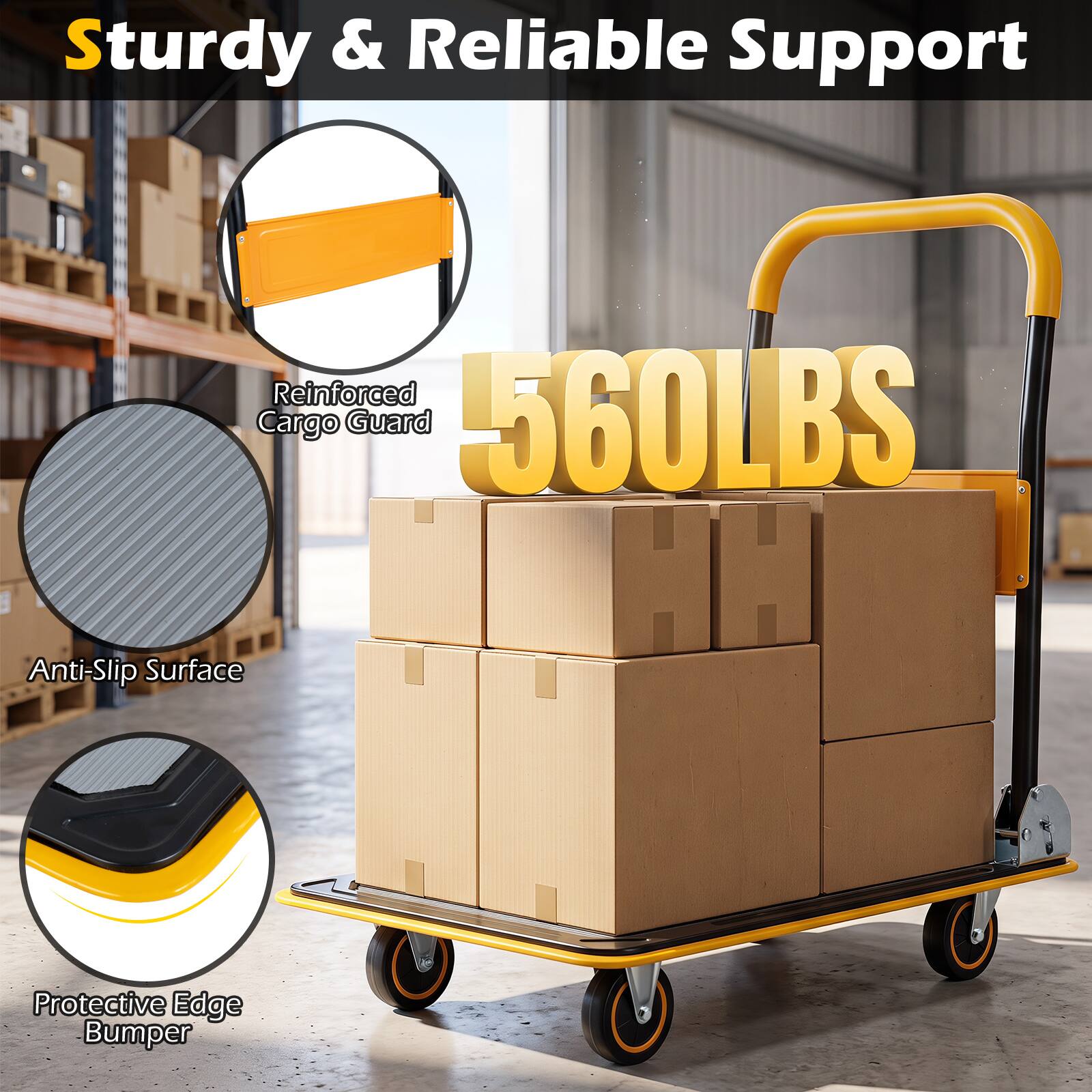 Sturdy & Reliable Support  
Reinforced Cargo Guard  
560LBS  
Anti-Slip Surface  
Protective Edge Bumper