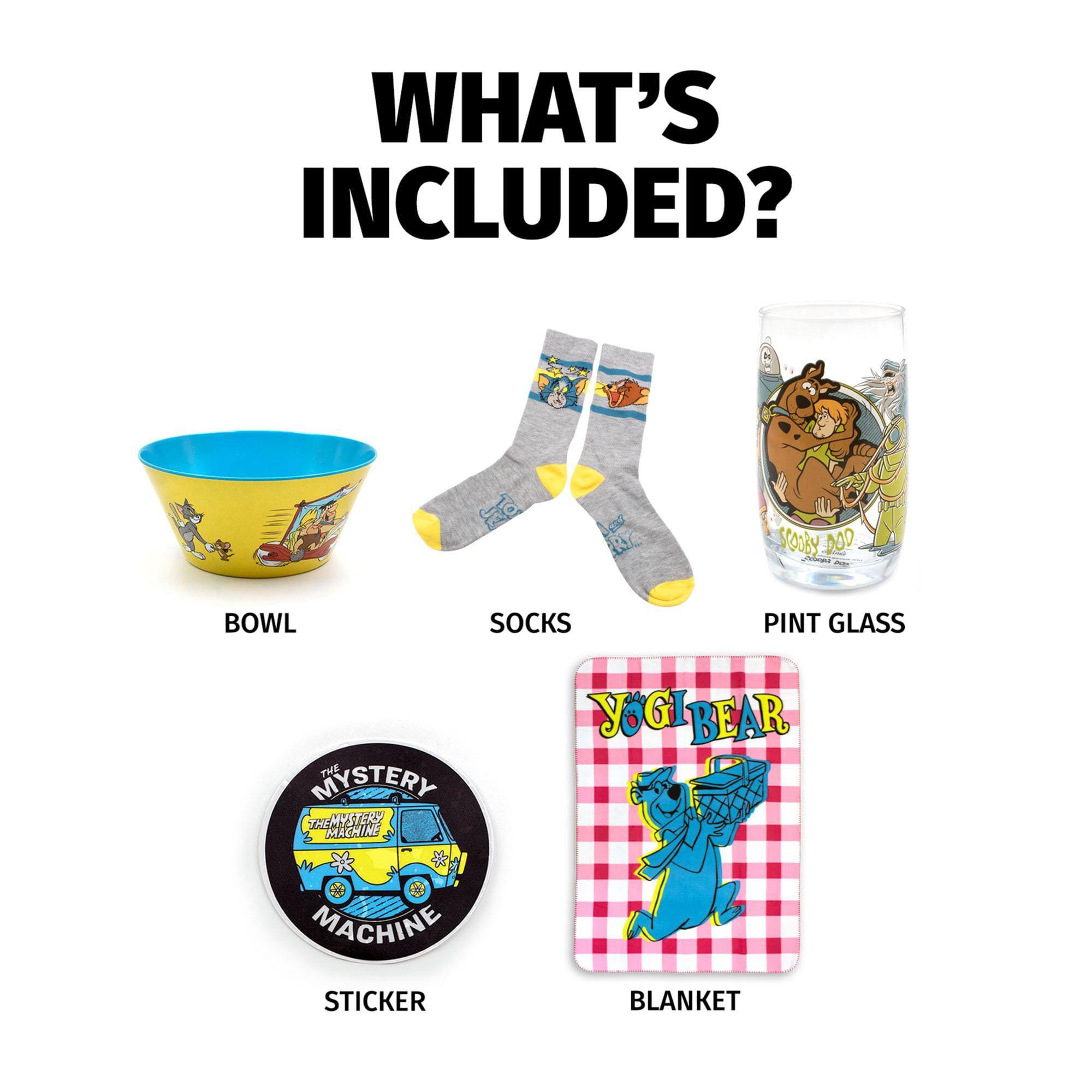 WHAT'S INCLUDED?  
- BOWL  
- SOCKS  
- PINT GLASS  
- THE MYSTERY MACHINE STICKER  
- YOGI BEAR BLANKET