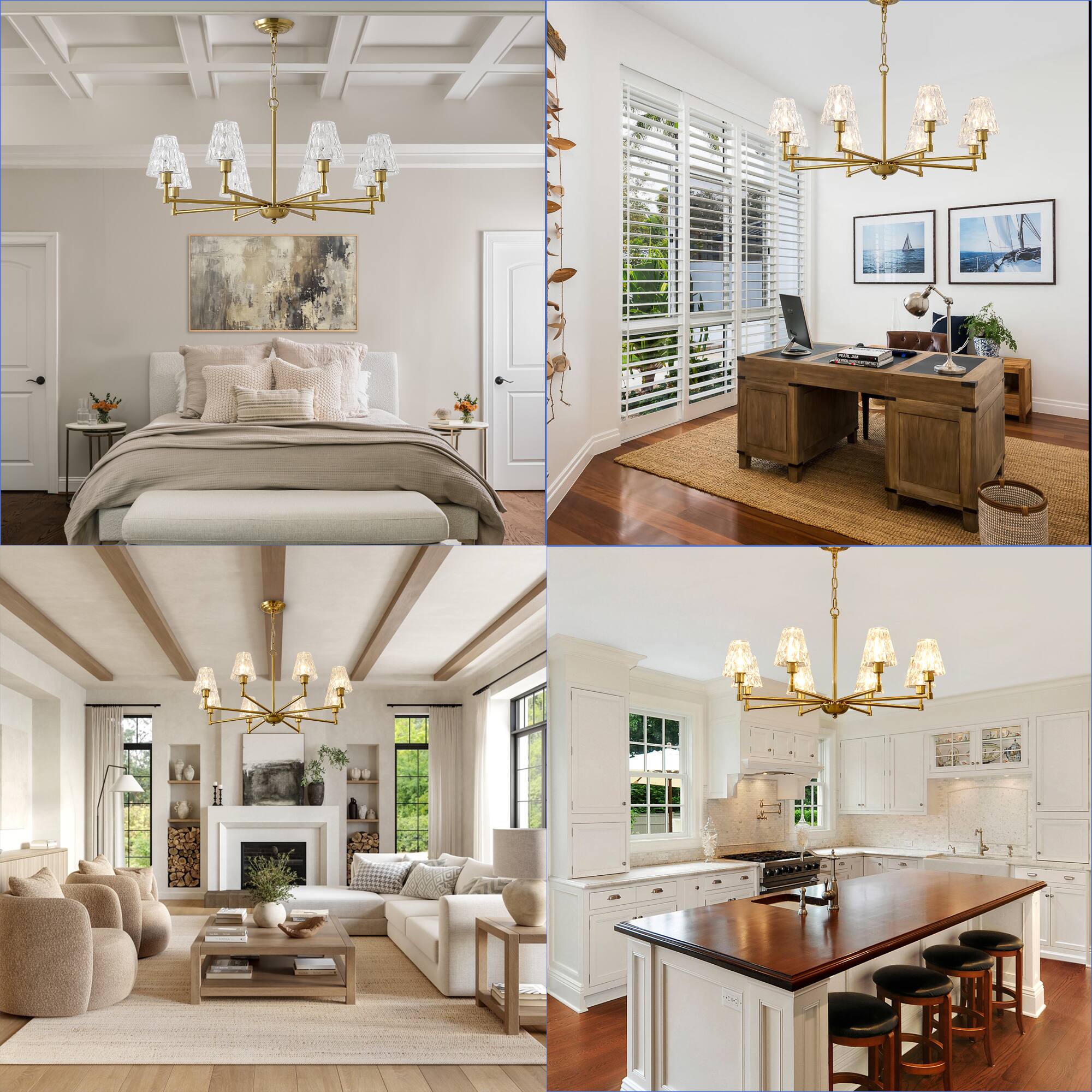 Alt View 4. RYHNUYNE - Mid-Century 8-Light Chandelier,Brushed Gold Pendant Chandelier,Modern Farmhouse Chandeliers for Dining Room Kitchen - Gold.