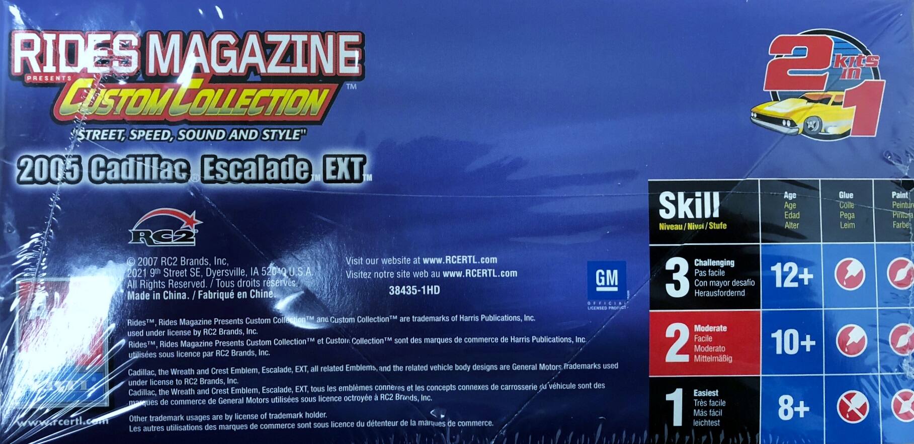 **RIDES MAGAZINE PRESENTS CUSTOM COLLECTION™**

**"STREET, SPEED, SOUND AND STYLE"**

**2005 Cadillac Escalade EXT**

---

**RC2 Brands, Inc.**

2021 9th Street SE, Dyersville, IA 52040 U.S.A.

Visit our website at www.RCERTL.com

All Rights Reserved. Tous droits réservés.

Made in China. Fabriqué en Chine.

38435-1HD

---

**Rides™, Rides Magazine Presents Custom Collection™, and Custom Collection™** are trademarks of Harris Publications, Inc. Rides™, Rides Magazine Presents Custom Collection™ et Custom Collection™ sont des marques de commerce de Harris Publications, Inc.

Rides Magazine Presents Custom Collection™ used under license by RC2 Brands, Inc. Rides Magazine Presents Custom Collection™ utilisé sous licence par RC2 Brands, Inc.

Cadillac, the Wreath and Crest Emblem, Escalade, EXT, and related emblems and vehicle body designs are General Motors Trademarks used under license by RC2 Brands, Inc. Cadillac, le Wreath and Crest Emblem, Escalade, EXT, et