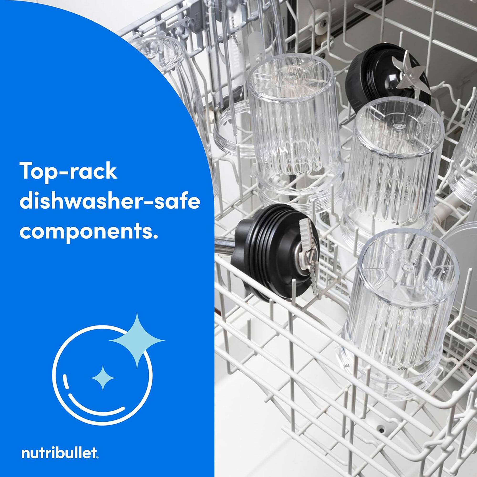 Top-rack dishwasher-safe components.  
nutribullet.