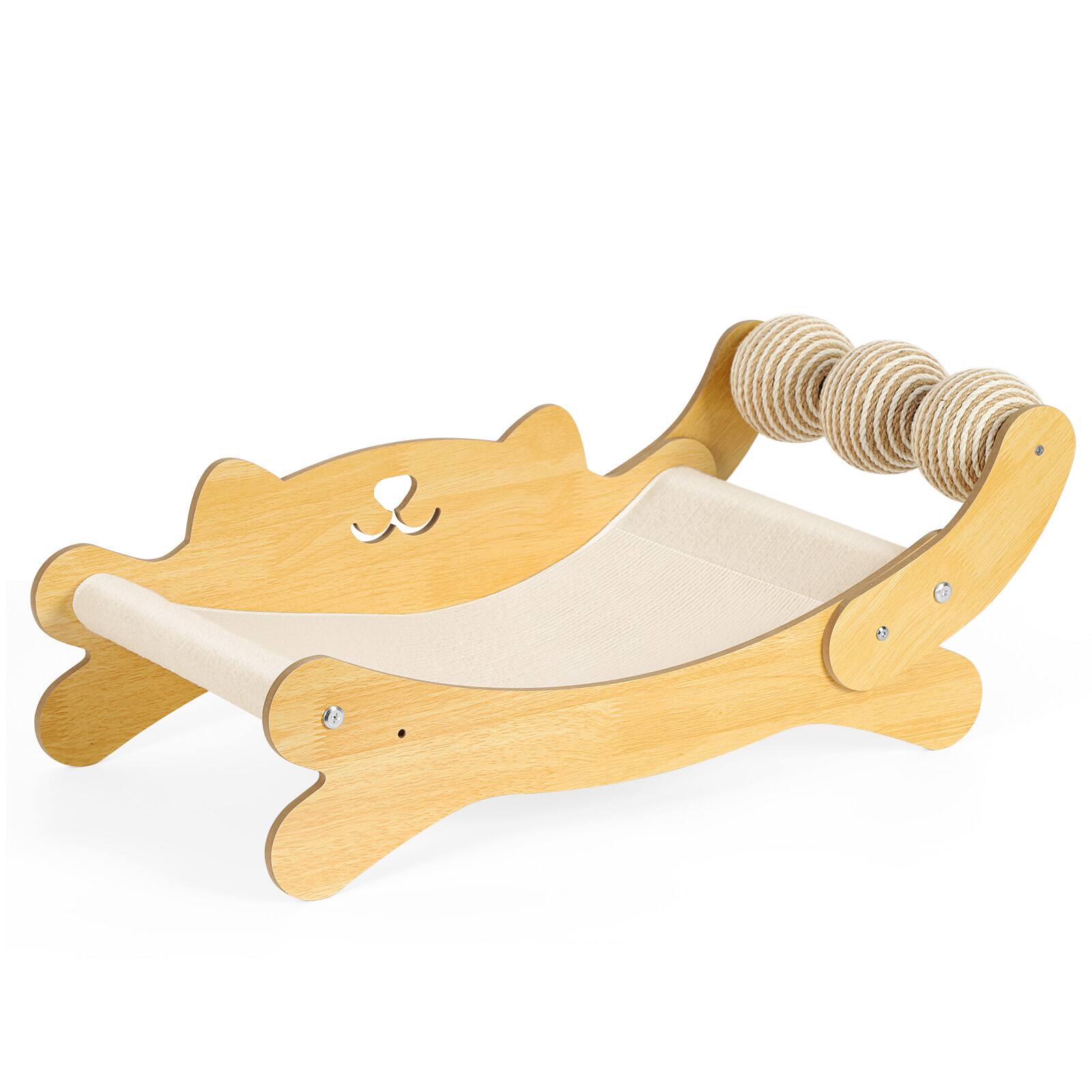 Front. Oumilen - Cat Lounge Bed with Sisal Scratching Rollers, Cat-Shaped Cat Hammock Bed for Indoor Cats - Natural.