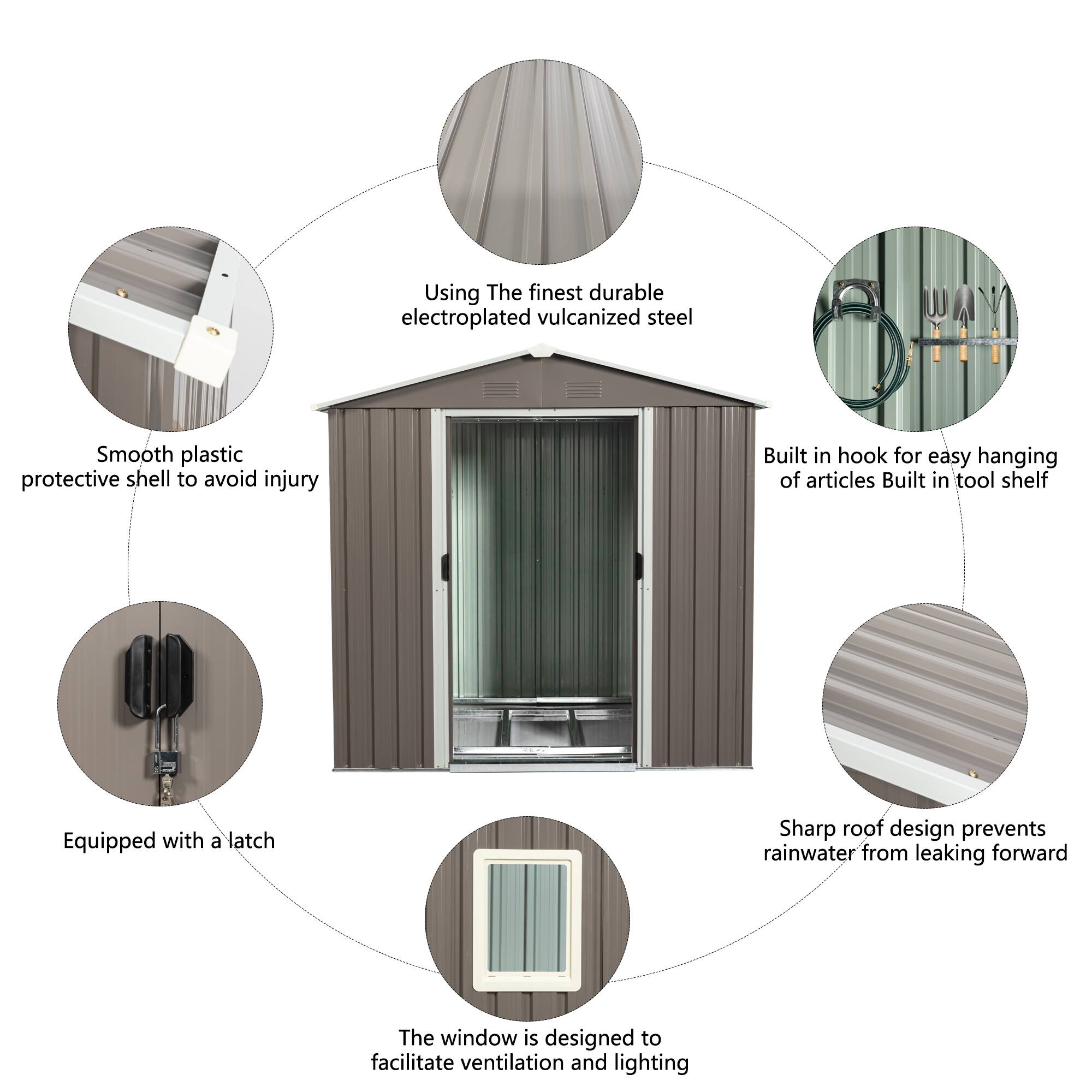 Using the finest durable electroplated vulcanized steel.  
Smooth plastic protective shell to avoid injury.  
Built-in hook for easy hanging of articles.  
Built-in tool shelf.  
Equipped with a latch.  
Sharp roof design prevents rainwater from leaking forward.  
The window is designed to facilitate ventilation and lighting.