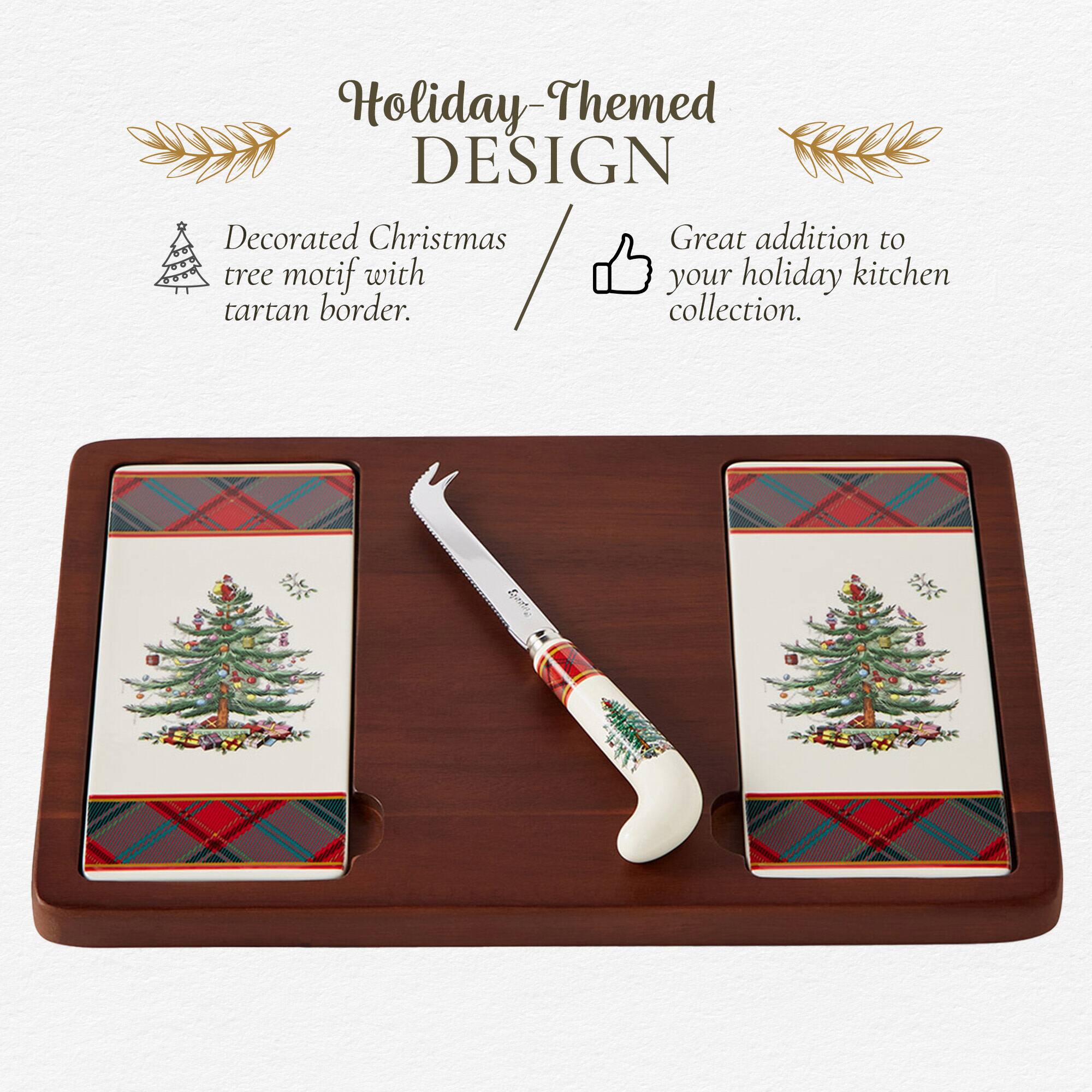 Holiday-Themed DESIGN  
Decorated Christmas tree motif with tartan border.  
Great addition to your holiday kitchen collection.