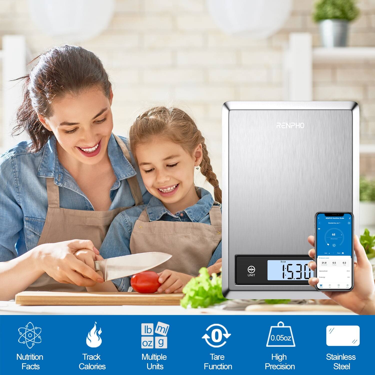 RENPHO - s LINIT Am 1530 . .. .. Nutrition Facts Track Calories lb ml OZ g Multiple Units 0 Tare Function 0.05oz High Precision Stainless Steel