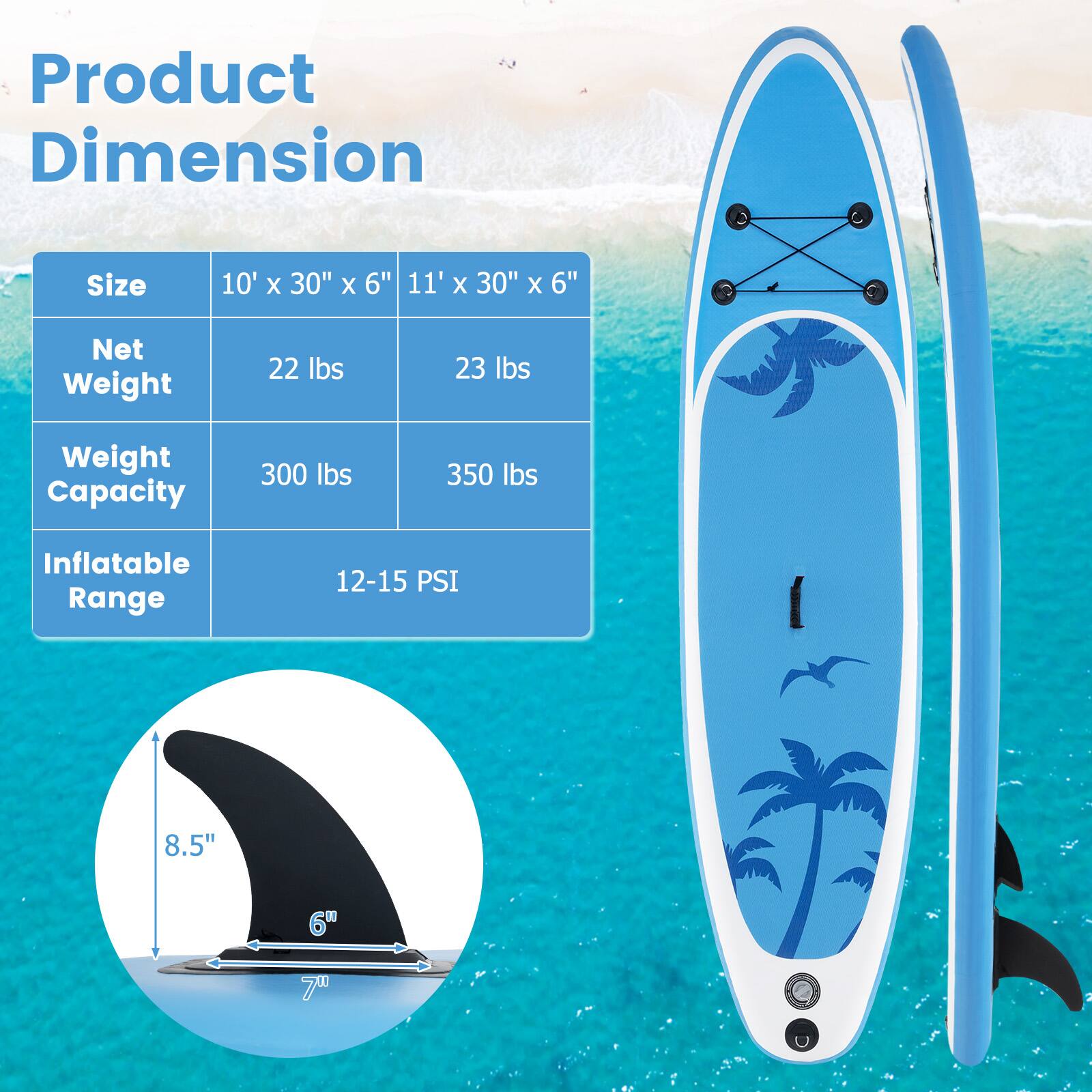 Product Dimension

Size
10' X 30" X 6" 11' X 30" X 6"

Net Weight
22 lbs 23 lbs

Weight Capacity
300 lbs 350 lbs

Inflatable Range
12-15 PSI

8.5" 6"