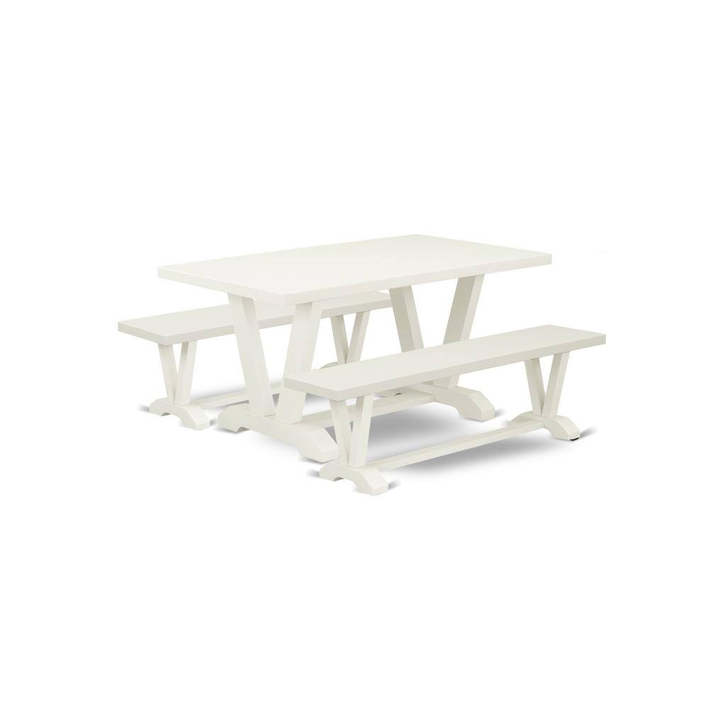 Left. East West Furniture - East West Furniture V2-026 3 Pc Table Set - 1 Linen White Wood Dining Table and 2 Mid Century Modern Bench - Stable and - Multi-Color.