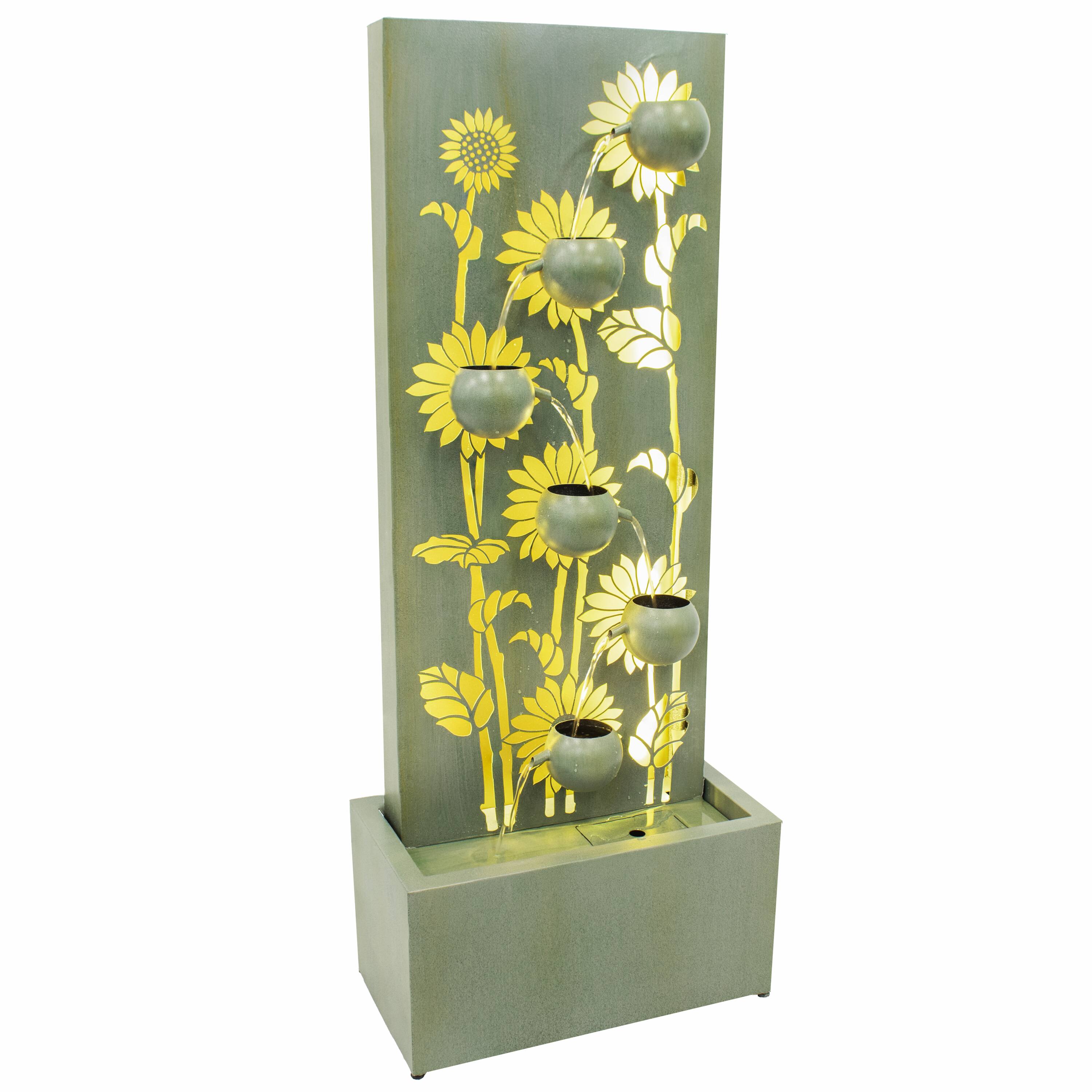 Front. Sunnydaze - Sunflower Fields Steel Outdoor Water Fountain with LEDs - 48.5" - Green.
