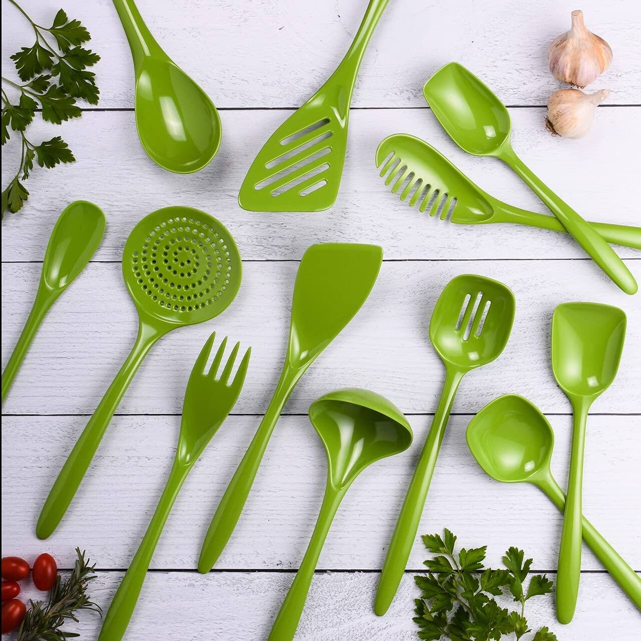 Left. Hutzler - 12 Piece Cook & Serve Melamine Utensil Set - Green - Green.