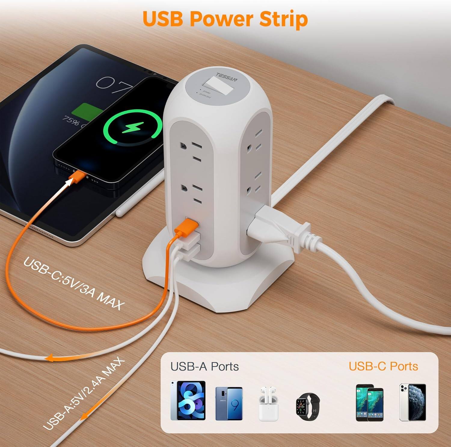 USB Power Strip

TESSAN

USB-C: 5V/3A MAX  
USB-A: 5V/2.4A MAX

USB-A Ports  
USB-C Ports