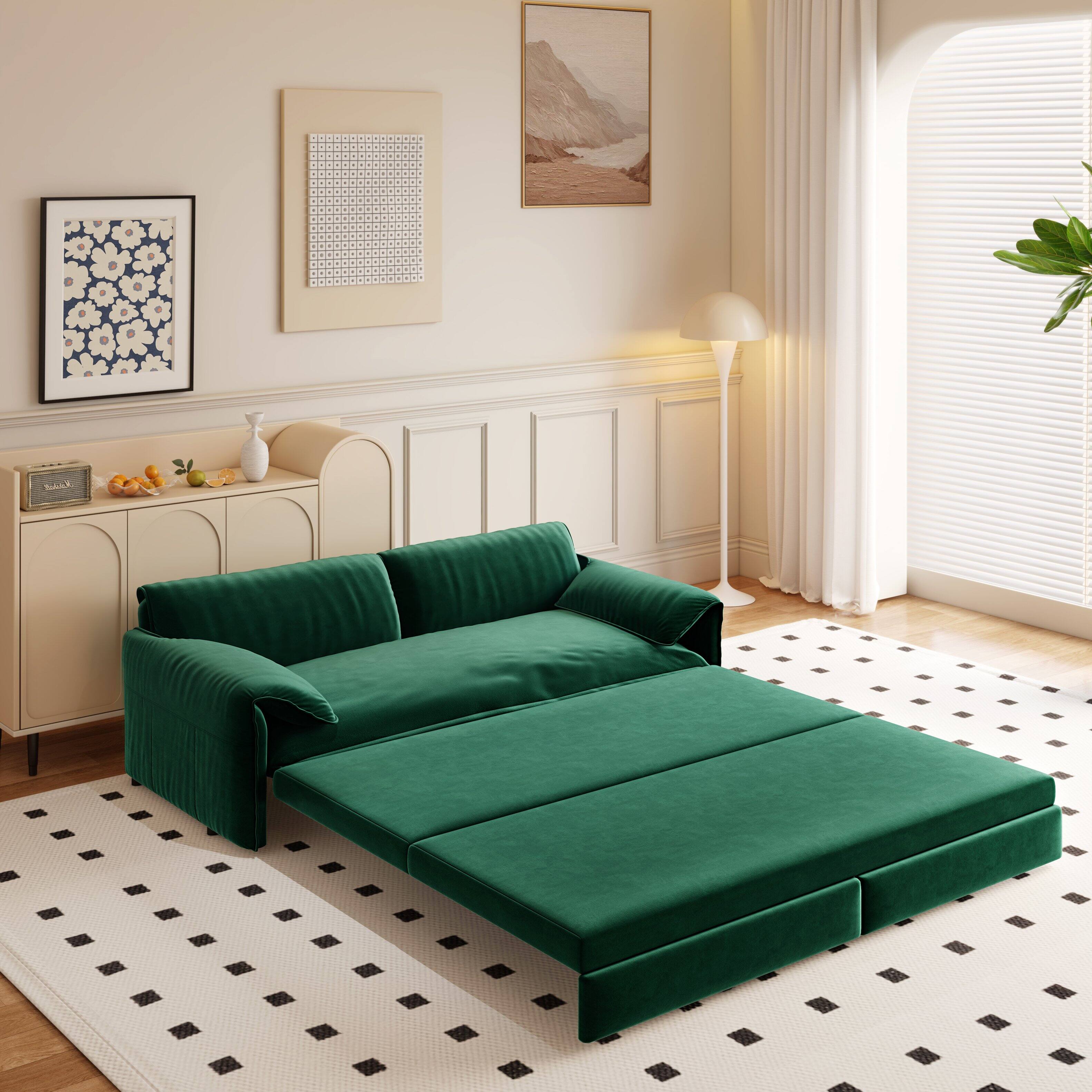 Angle. Tiramisubest - Queen Pull Out Sofa Bed,3-in-1 Convertible Sleeper Sofa with Side Storage,Velvet Loveseat for Living Room,Office,Green - Green.