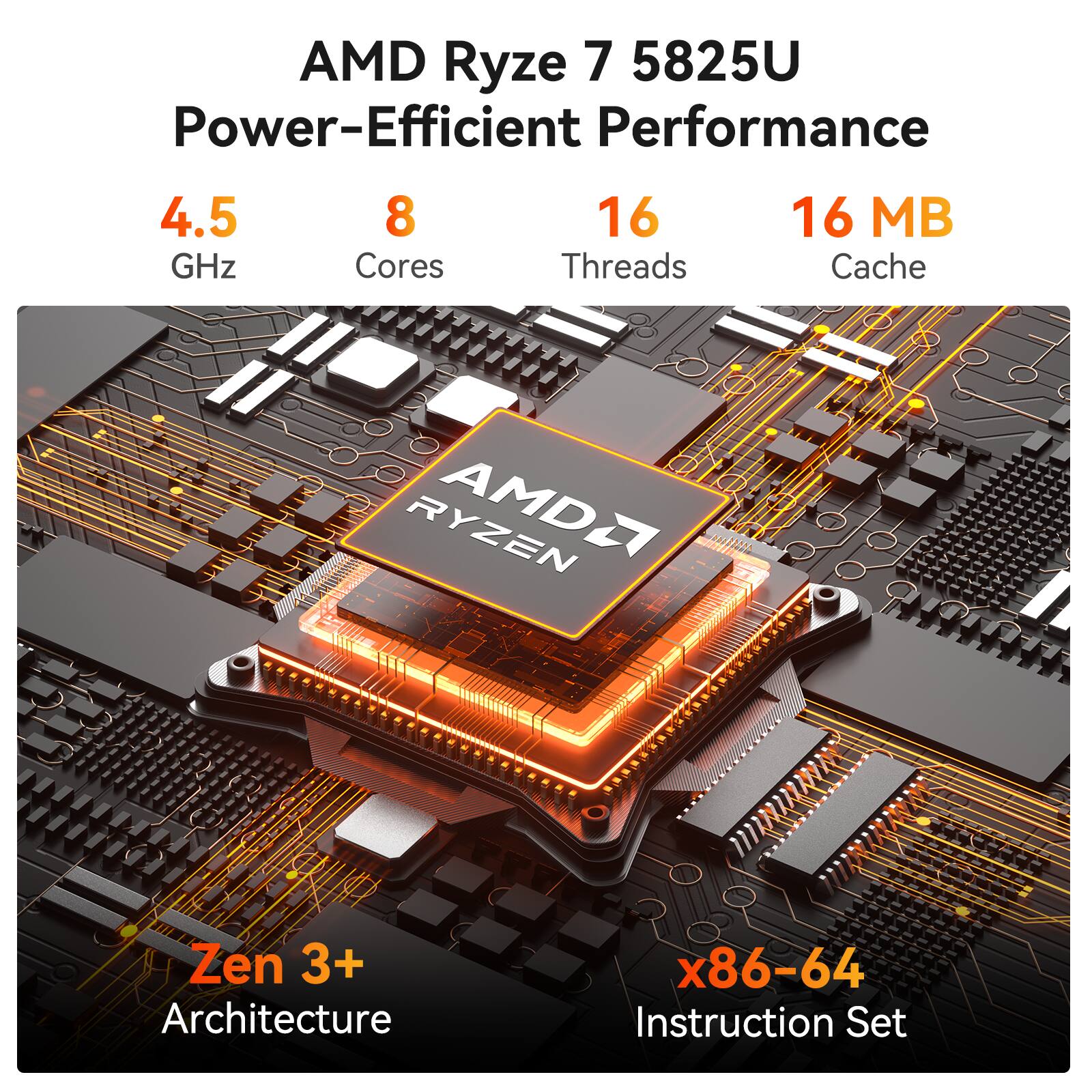 AMD Ryzen 7 5825U  
Power-Efficient Performance  

4.5 GHz  
8 Cores  
16 Threads  
16 MB Cache  

Zen 3+ Architecture  
x86-64 Instruction Set