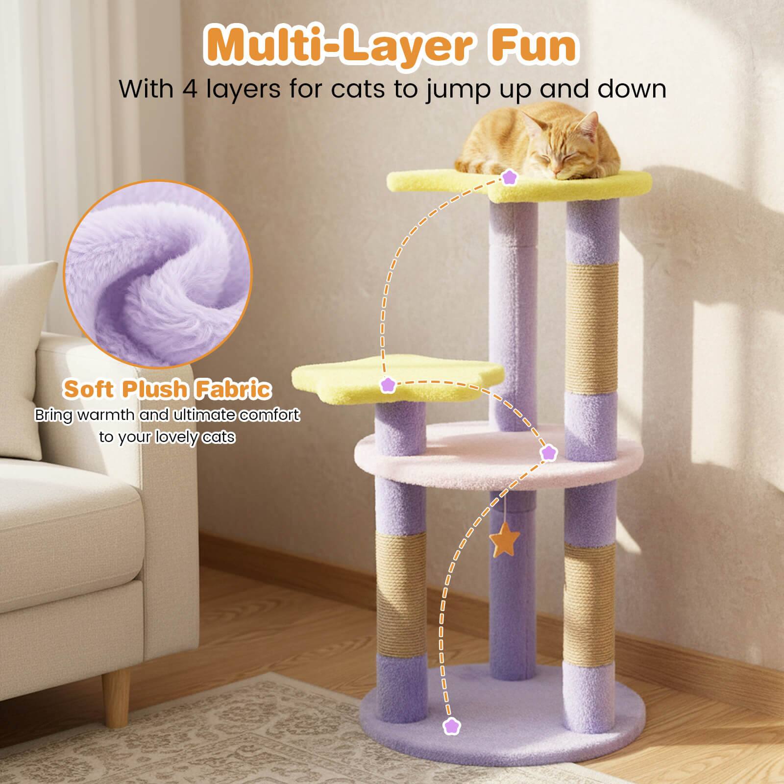 Multi-Layer Fun  
With 4 layers for cats to jump up and down  

Soft Plush Fabric  
Bring warmth and ultimate comfort to your lovely cats
