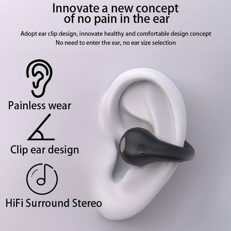 Innovate a new concept of no pain in the ear

Adopt ear clip design, innovate healthy and comfortable design concept  
No need to enter the ear, no ear size selection

Painless wear  
Clip ear design  
HiFi Surround Stereo