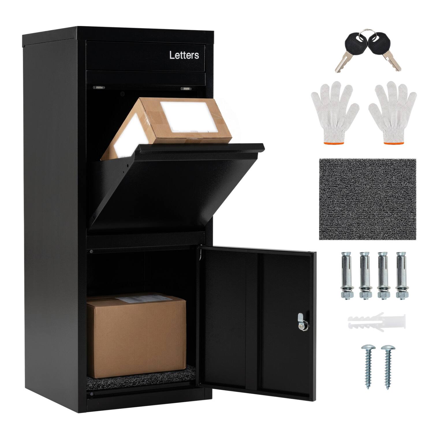 Left. WELLFOR - Large Galvanized Outdoor Package Delivery Box with Anti-Theft Design - Black.