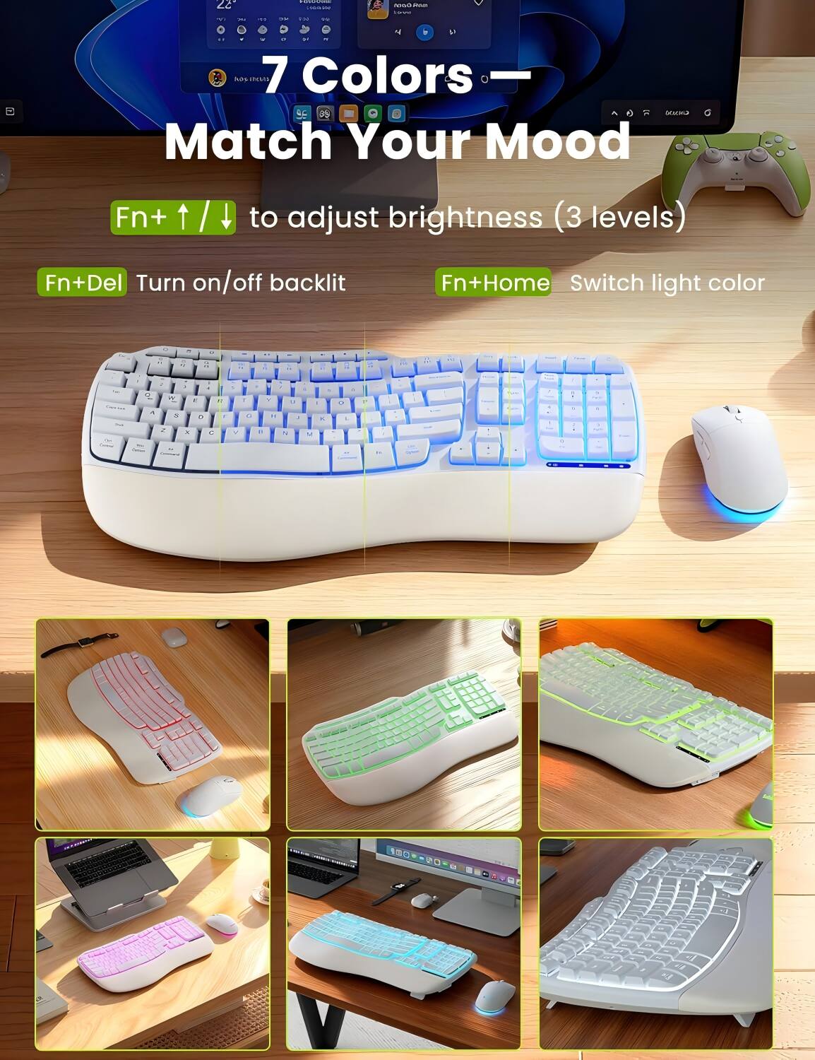 - - -.. : |  - .- - A - - .  -  a has chests 7 Colors DF 35 - sesra Match Your Mood Fn 1 / to adjust brightness (3 levels) Fn+Del Turn on/off backlit Fn+Home Switch light color