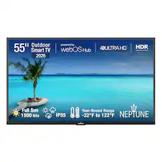 55" Outdoor Smart TV 2026
powered by webOS Hub
4K ULTRA HD
HDR
Full Sun 1500 Nits
IP55
Year-Round Range -22°F to 122°F
NEPTUNE