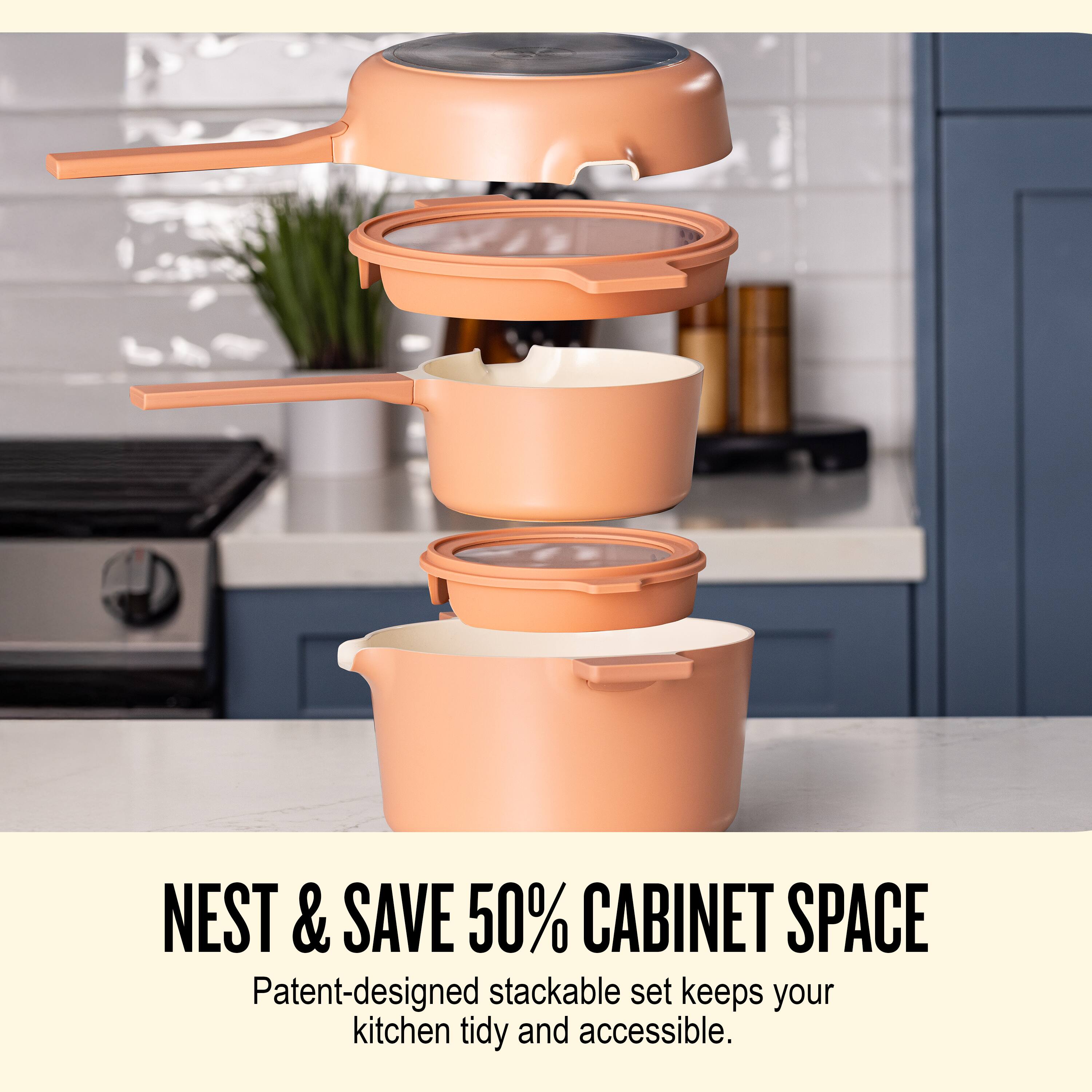 NEST & SAVE 50% CABINET SPACE

Patent-designed stackable set keeps your kitchen tidy and accessible.